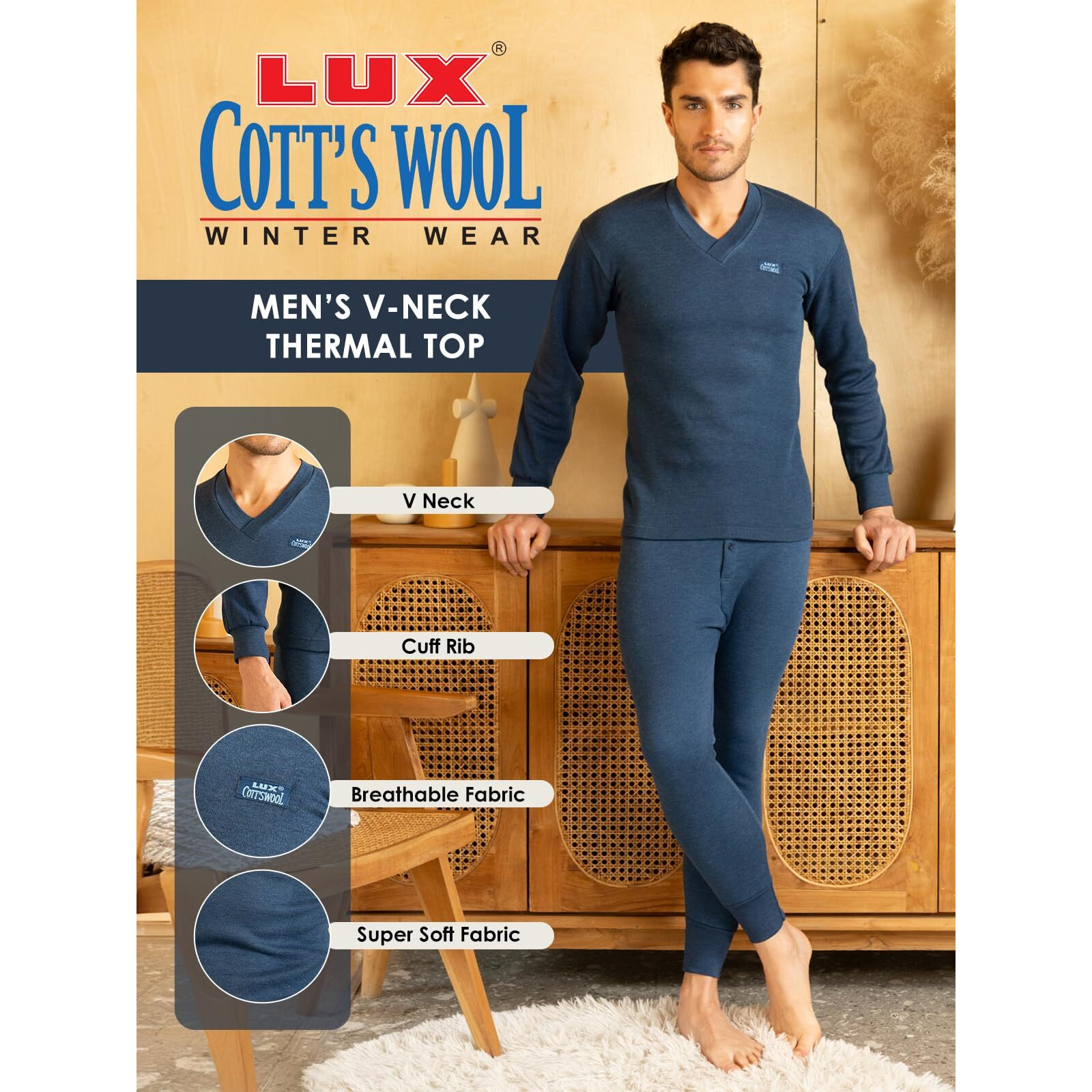 Lux Cotts Wool Mens V Neck Full Sleeves Thermal top_BU_TOP_FSV_90_1PC Blue