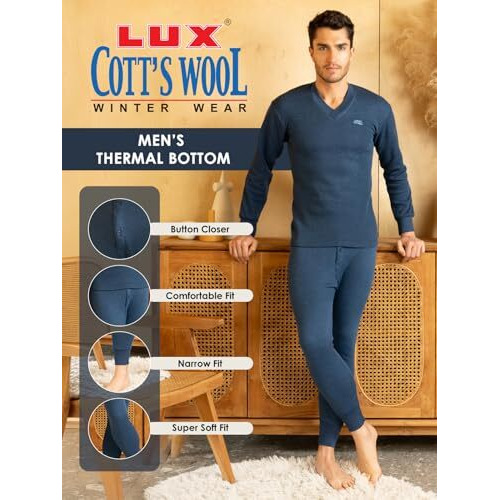 Lux Cotts Wool Mens Blue Solid Winter wear Thermal Bottom (Size  85cm)