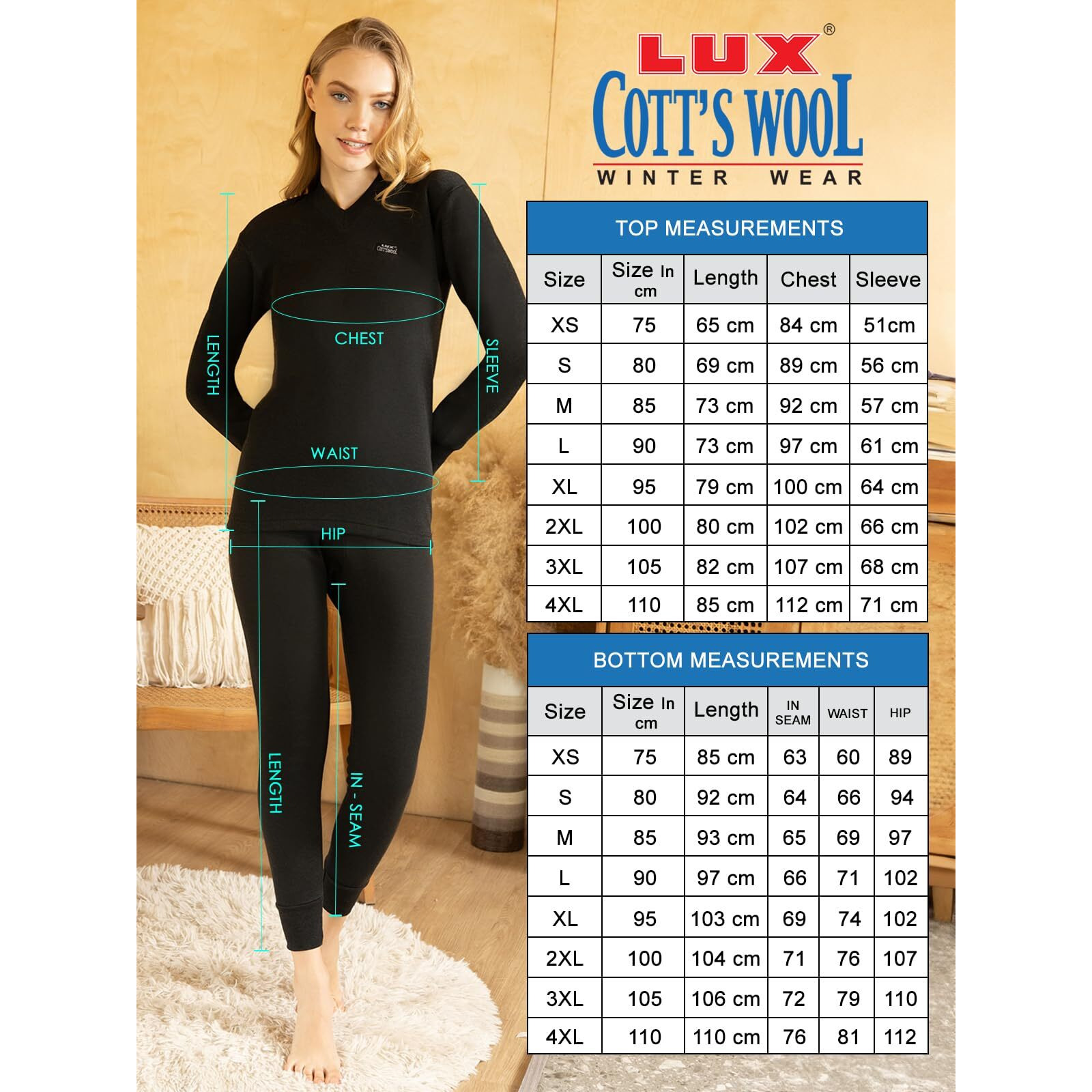 Lux Cottswool Womens Black V Neck Full Sleeves Upper and Lower Thermal Set - Pack of 1 (Size  80cm)