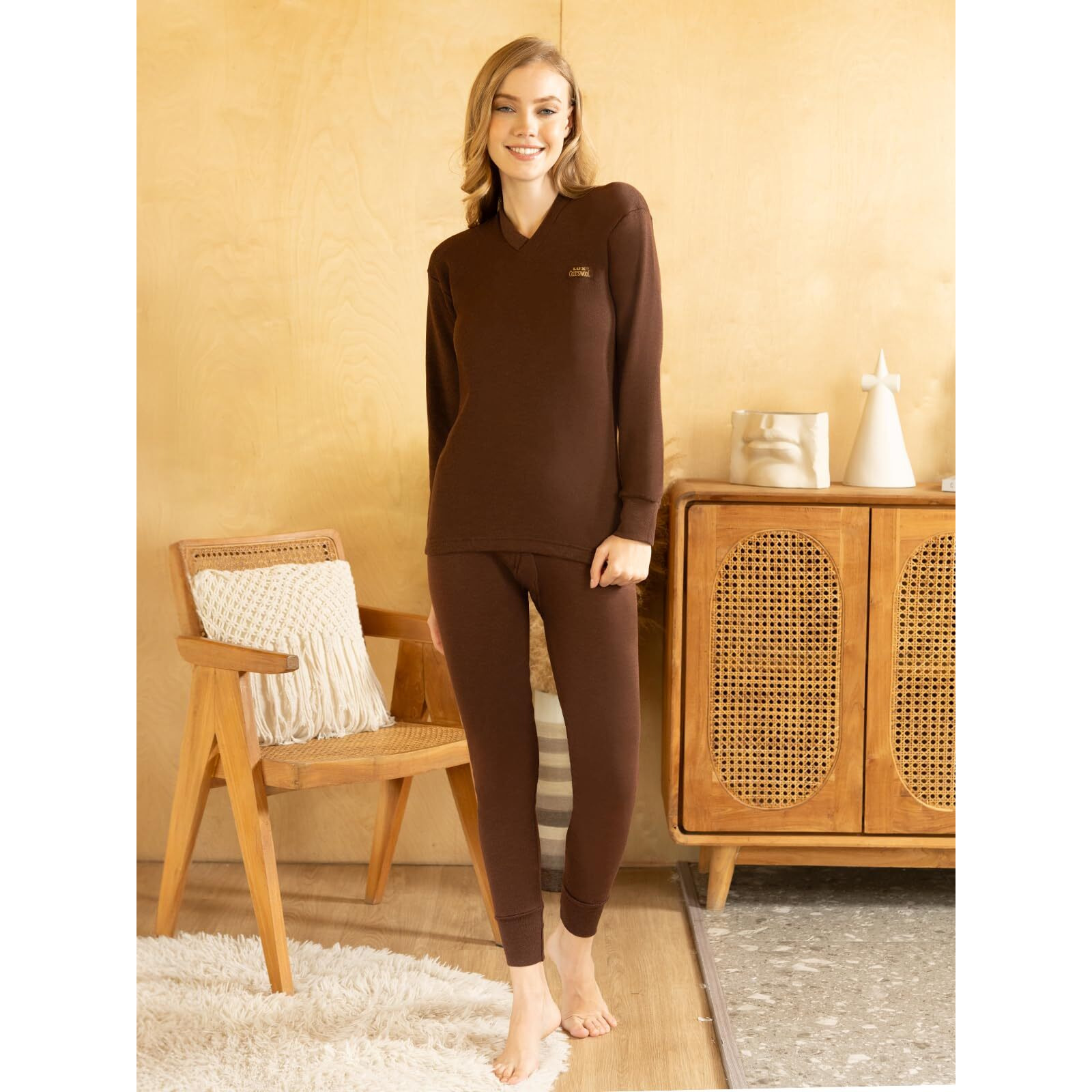 Lux Cottswool Womens V Neck Full Sleeves Thermal Set_LAD_FSV_TRO_BRN_Set_85 Brown