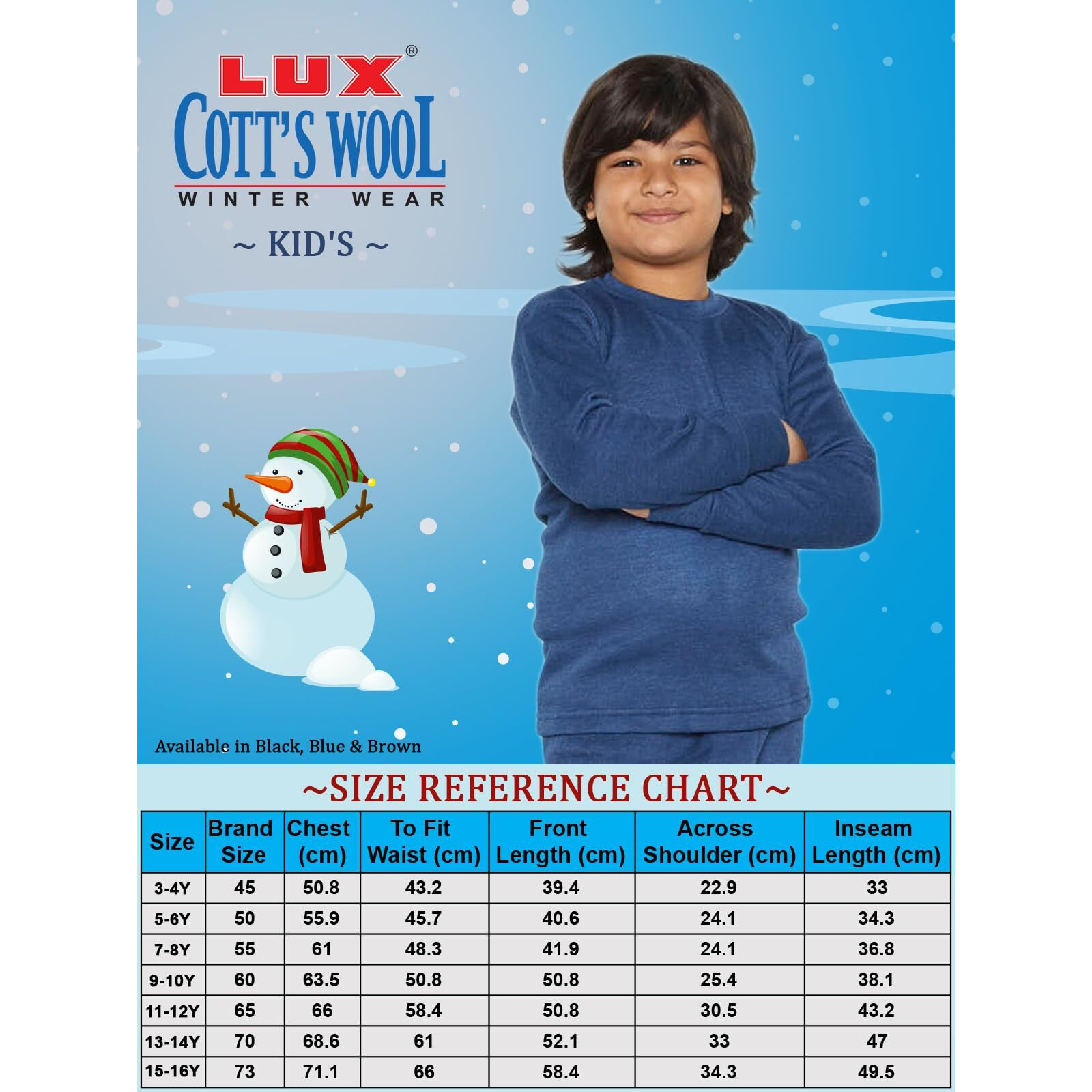 Lux Cotts Wool Boys Blue Melange Round Neck Full Sleeves Thermal Top and Bottom Set (Size  60cm)