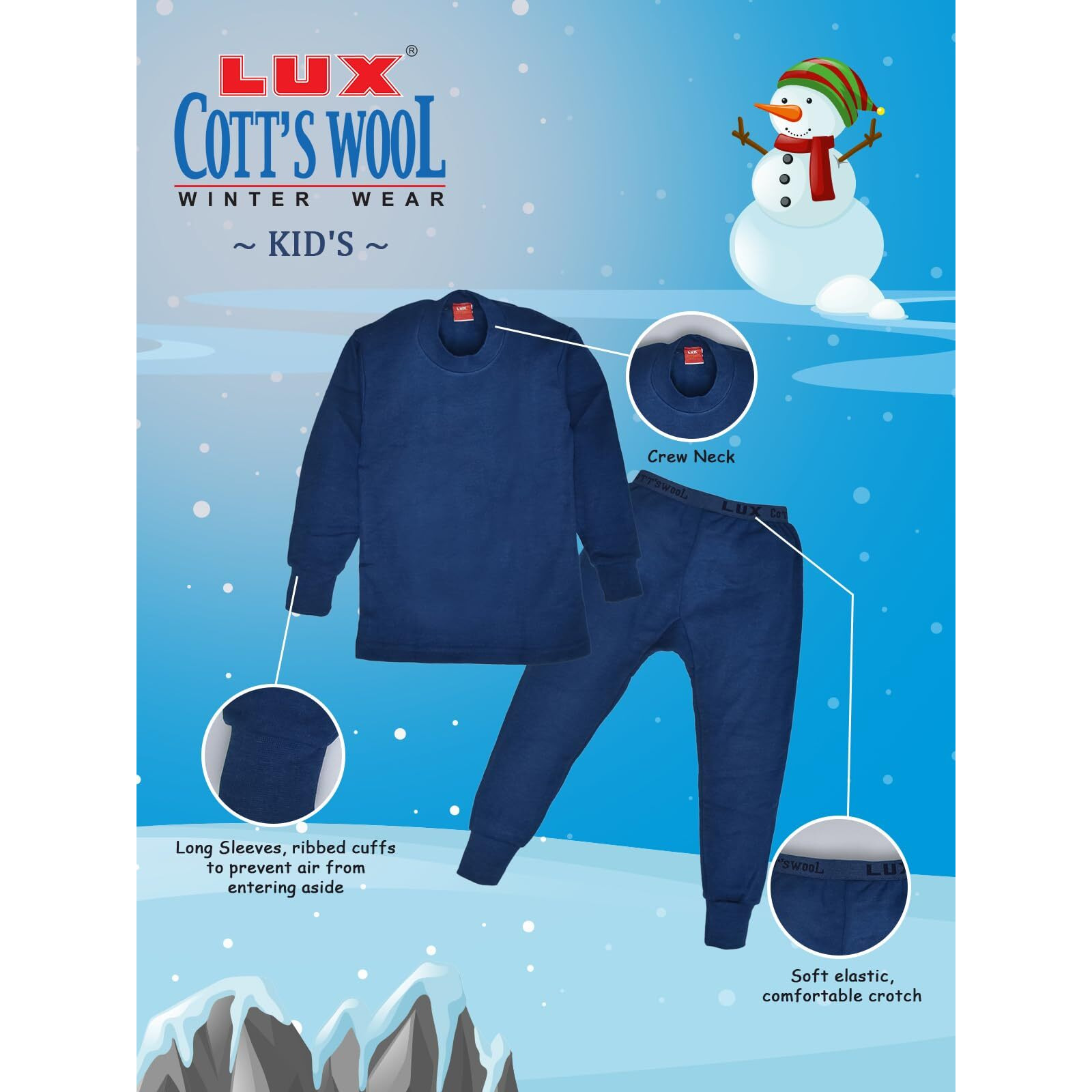 Lux Cotts Wool Boys Blue Melange Round Neck Full Sleeves Thermal Top and Bottom Set (Size  60cm)