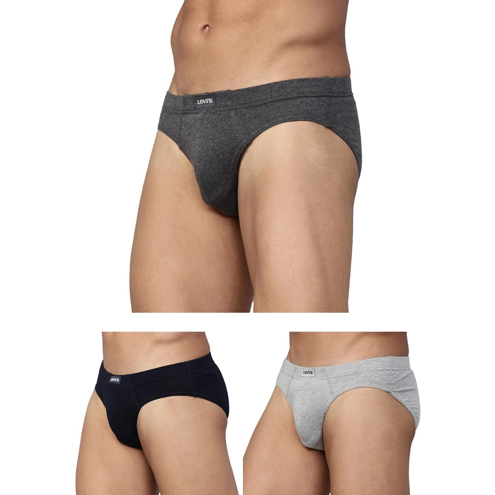 Levis Mens Cotton Style 011 Comfort Regular Fit Solid Brief (Pack of 3) (011-BRIEF-LT GMEL P3_Lt, Dk. Grey Melange,Navy_L)