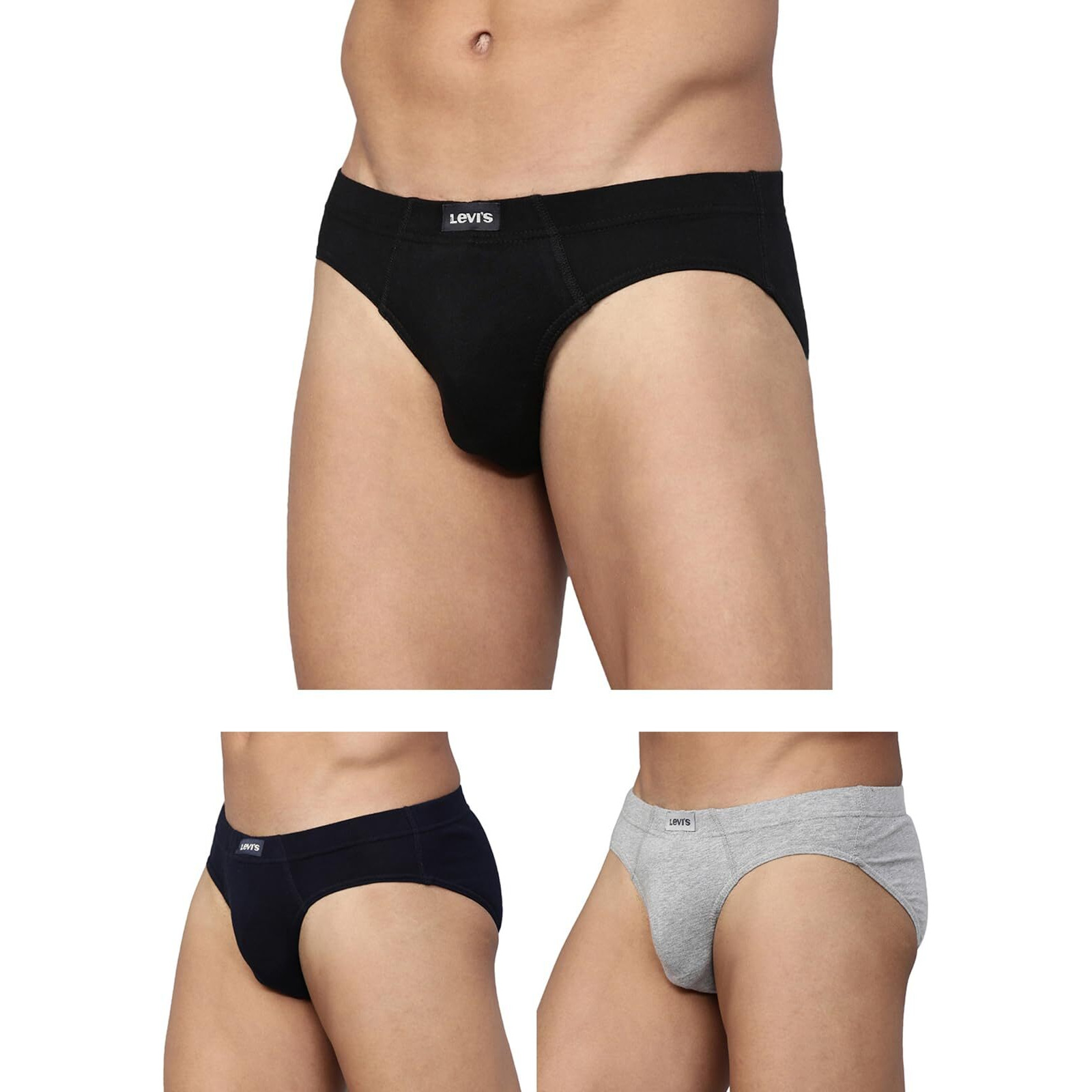 Levis Mens Cotton Style 011 Comfort Regular Fit Solid Brief (Pack of 3) (011-BRIEF-LT GMEL/BLK/Navy-P3_Lt. Grey Melange,Black, M)