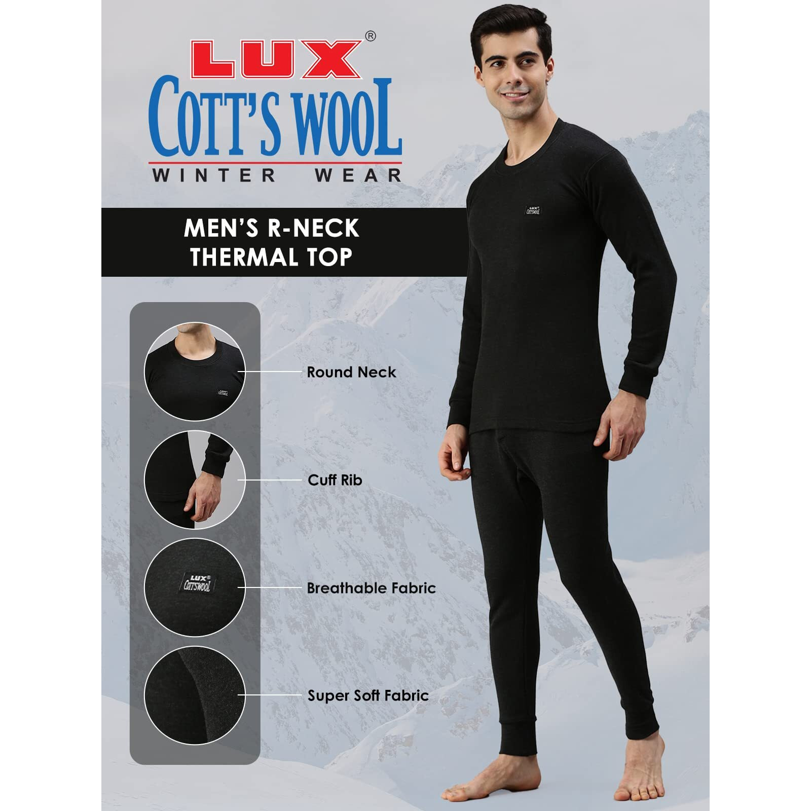 Lux Cottswool Mens Black2 Round Neck Full Sleeves Premium Thermal Top (Size  85cm)
