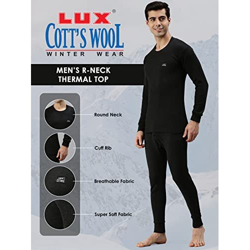 Lux Cottswool Mens Black1 Round Neck Full Sleeves Premium Thermal Top (Size  85cm)