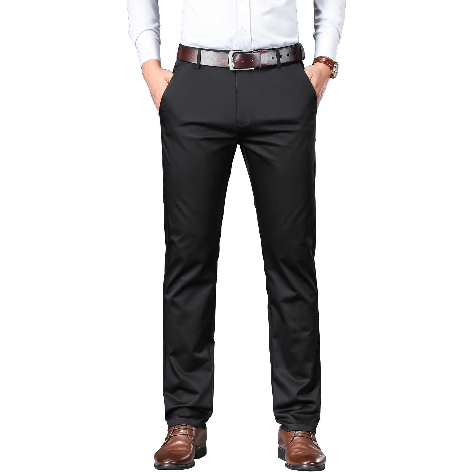 AVANOVA Mens Solid Black Trousers Light Business Style Slightly Stretch Straight Leg Pants for Outdoor Casual Daily Trouser II Mens Regular Casual Pants Trouser (Trouser 126 Black-34)