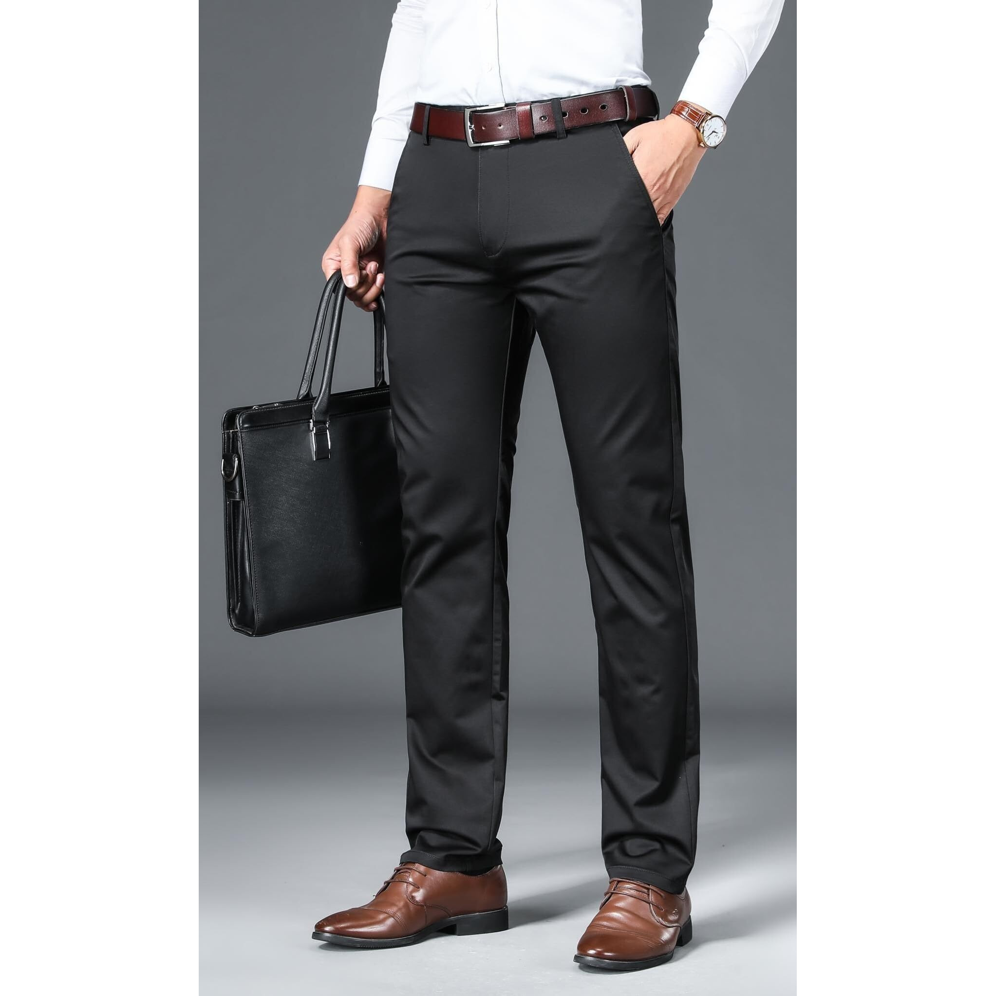 AVANOVA Mens Solid Black Trousers Light Business Style Slightly Stretch Straight Leg Pants for Outdoor Casual Daily Trouser II Mens Regular Casual Pants Trouser (Trouser 126 Black-34)
