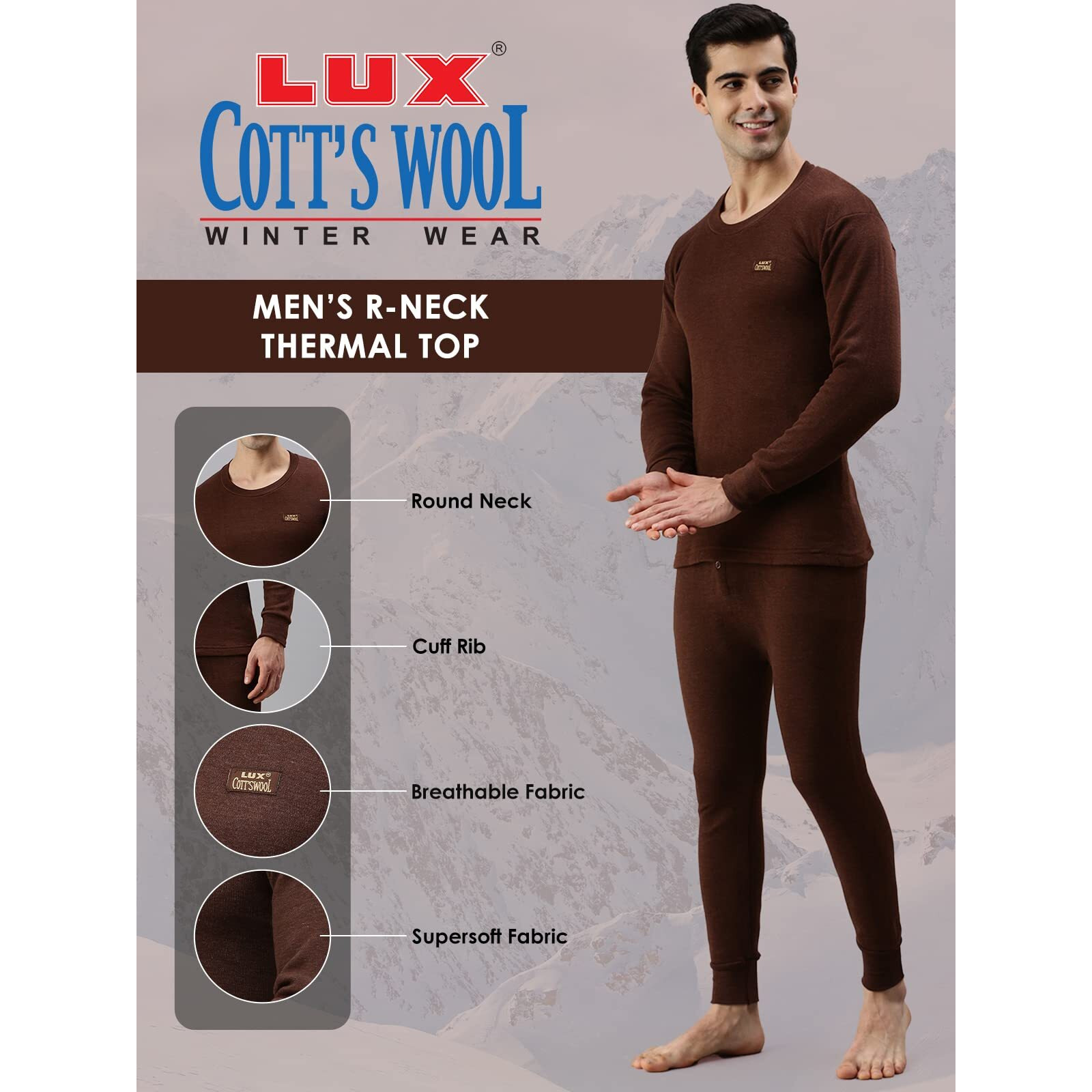 Lux Cottswool Mens Brown2 Round Neck Full Sleeves Premium Thermal Top (Size  85cm)