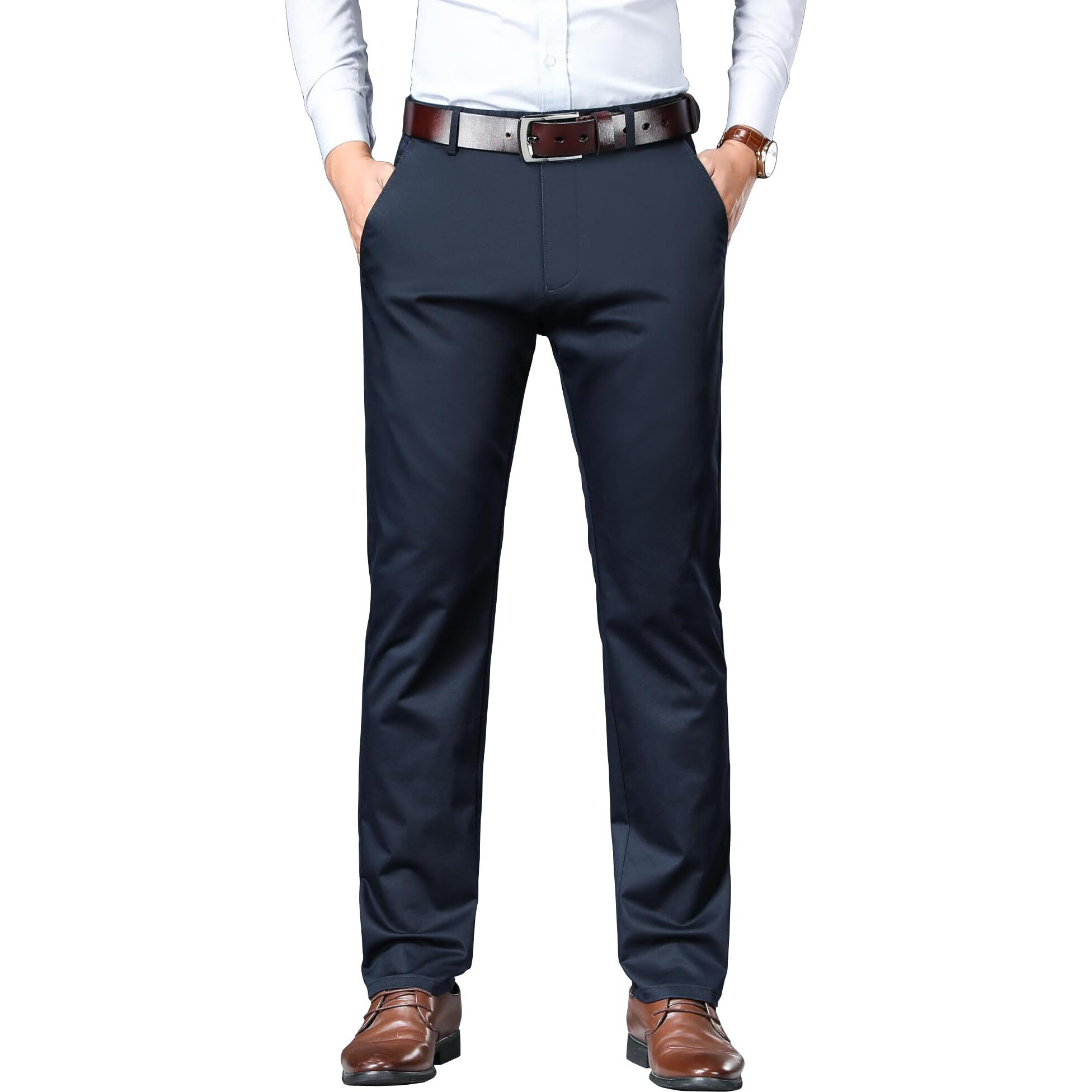 AVANOVA Mens Solid Navy Blue Trousers Light Business Style Slightly Stretch Straight Leg Pants for Outdoor Casual Daily Trouser II Mens Regular Casual Pants Trouser (Trouser 126 N Blue-32)