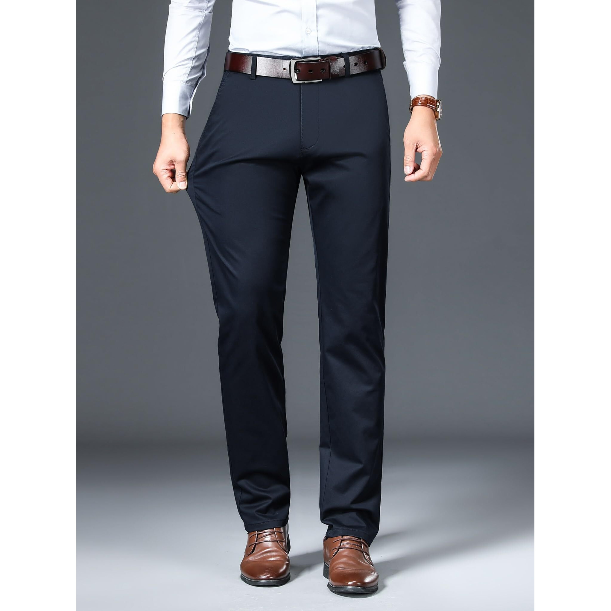 AVANOVA Mens Solid Navy Blue Trousers Light Business Style Slightly Stretch Straight Leg Pants for Outdoor Casual Daily Trouser II Mens Regular Casual Pants Trouser (Trouser 126 N Blue-32)