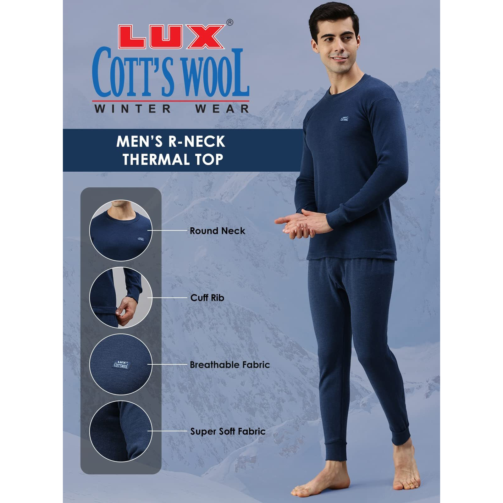 Lux Cottswool Mens Thermal Upper (CottsWool-RN-Upper-Blue-1-100_Blue_2XL)
