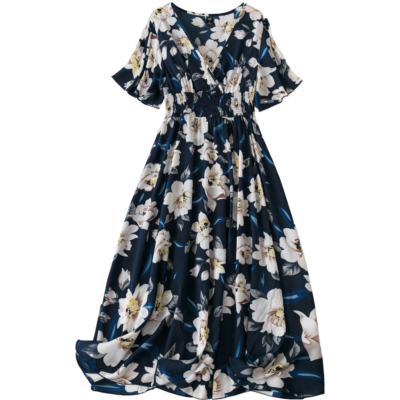 Shasmi Womens & Girls N Blue Floral Print V-Neck Waist-Cinched Dress for Women Midi | One Piece Dress for Women | Beach Dress for Women (Dress 134 N Blue-2XL)