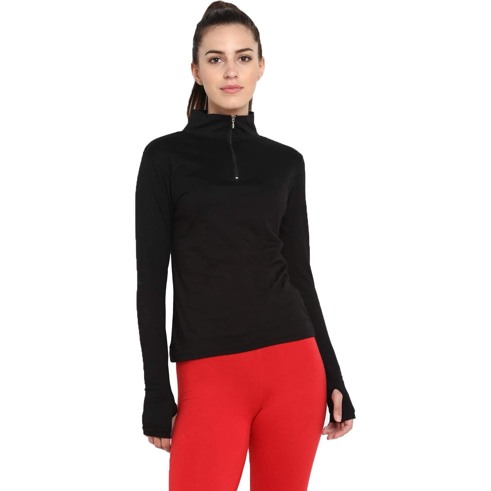 Appulse Womens Long Sleeve Thumbopen 1/4 Zip Hi Neck Tshirt