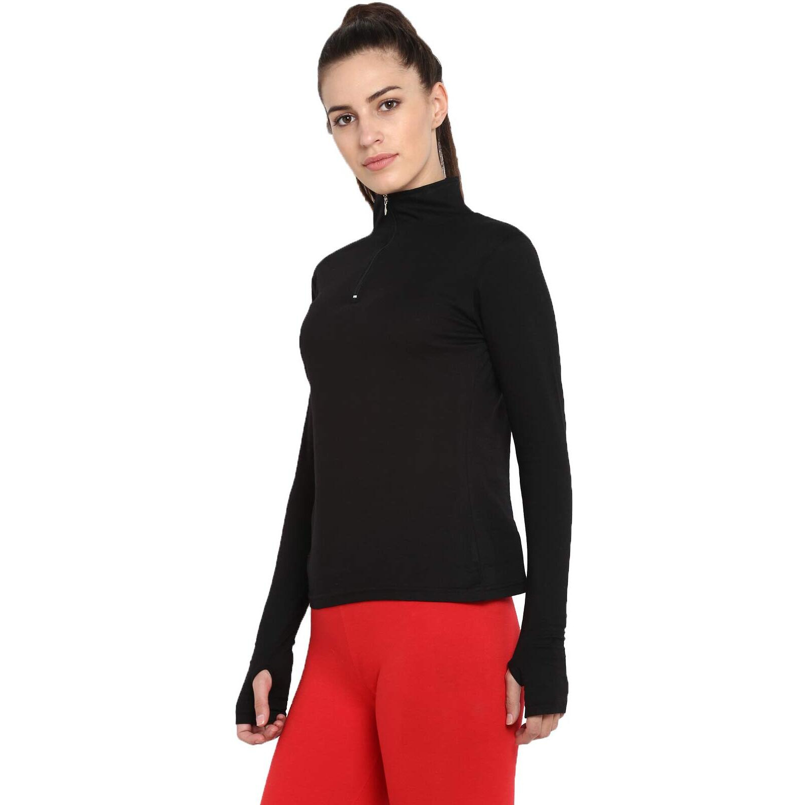 Appulse Womens Long Sleeve Thumbopen 1/4 Zip Hi Neck Tshirt