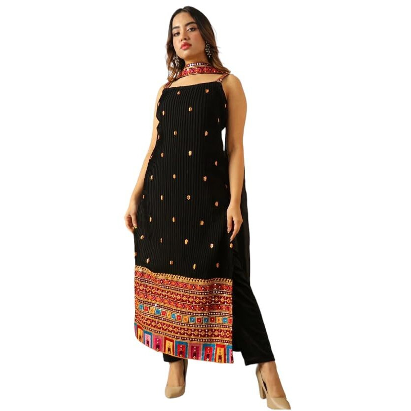 Dresser Women's Georgette Embroidery Straight Kurta with Dupatta Bottom Set (Large) Black