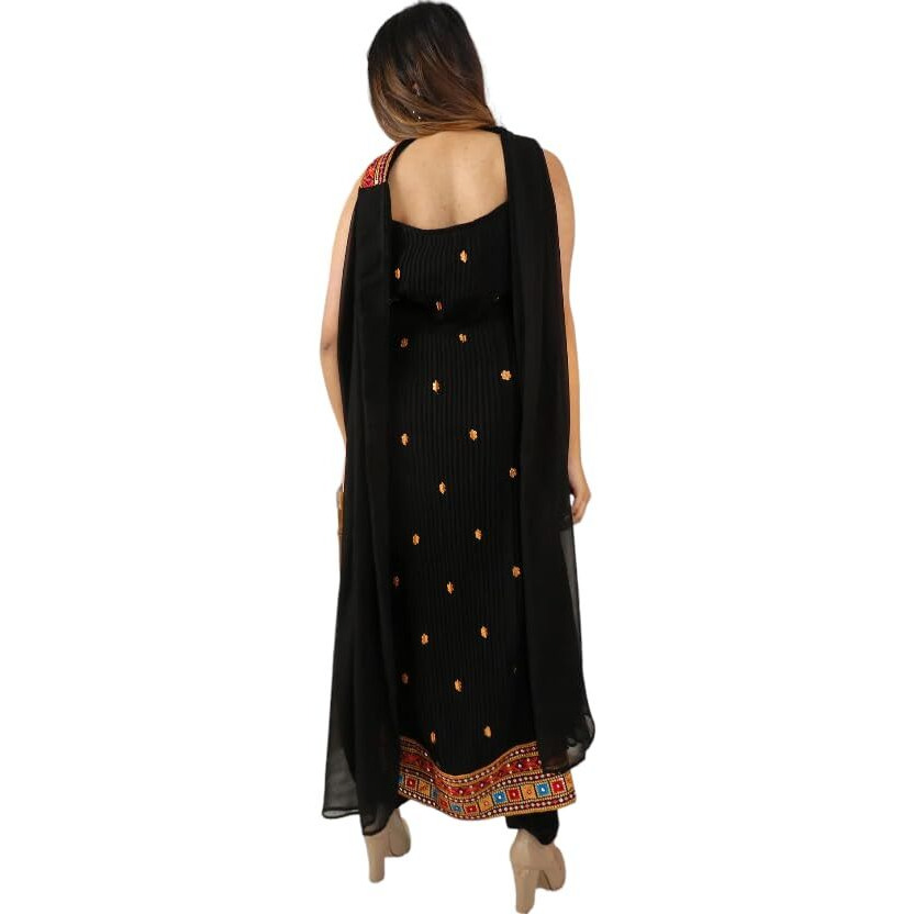 Dresser Women's Georgette Embroidery Straight Kurta with Dupatta Bottom Set (Large) Black