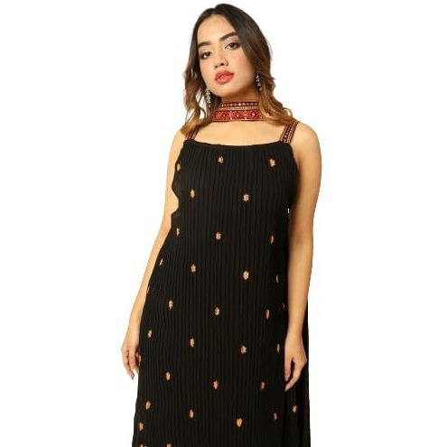Dresser Women's Georgette Embroidery Straight Kurta with Dupatta Bottom Set (Large) Black