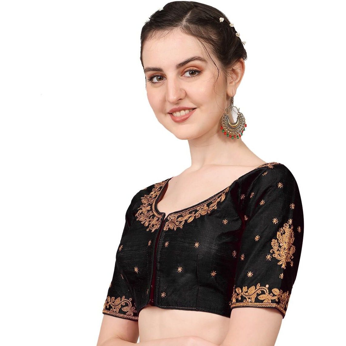 Pujia Mills Blouse Readymade Stylish Design Half Sleeve Blouse Readymade maggam Work Blouse for Women Saree Blouse Readymade Blouses for Women Readymade aari Work Blouse (Black Blouse, 38)
