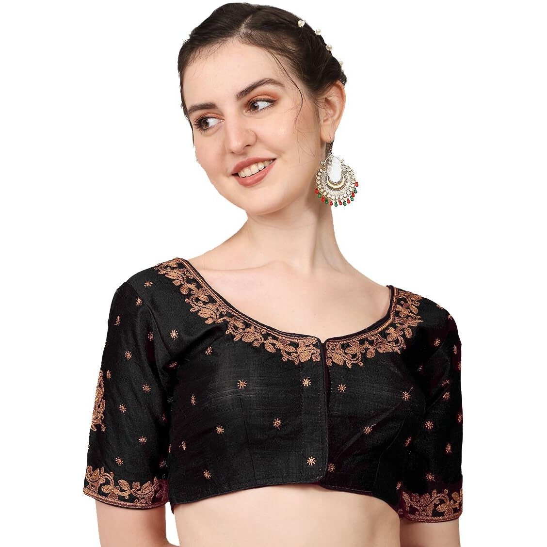 Pujia Mills Blouse Readymade Stylish Design Half Sleeve Blouse Readymade maggam Work Blouse for Women Saree Blouse Readymade Blouses for Women Readymade aari Work Blouse (Black Blouse, 38)