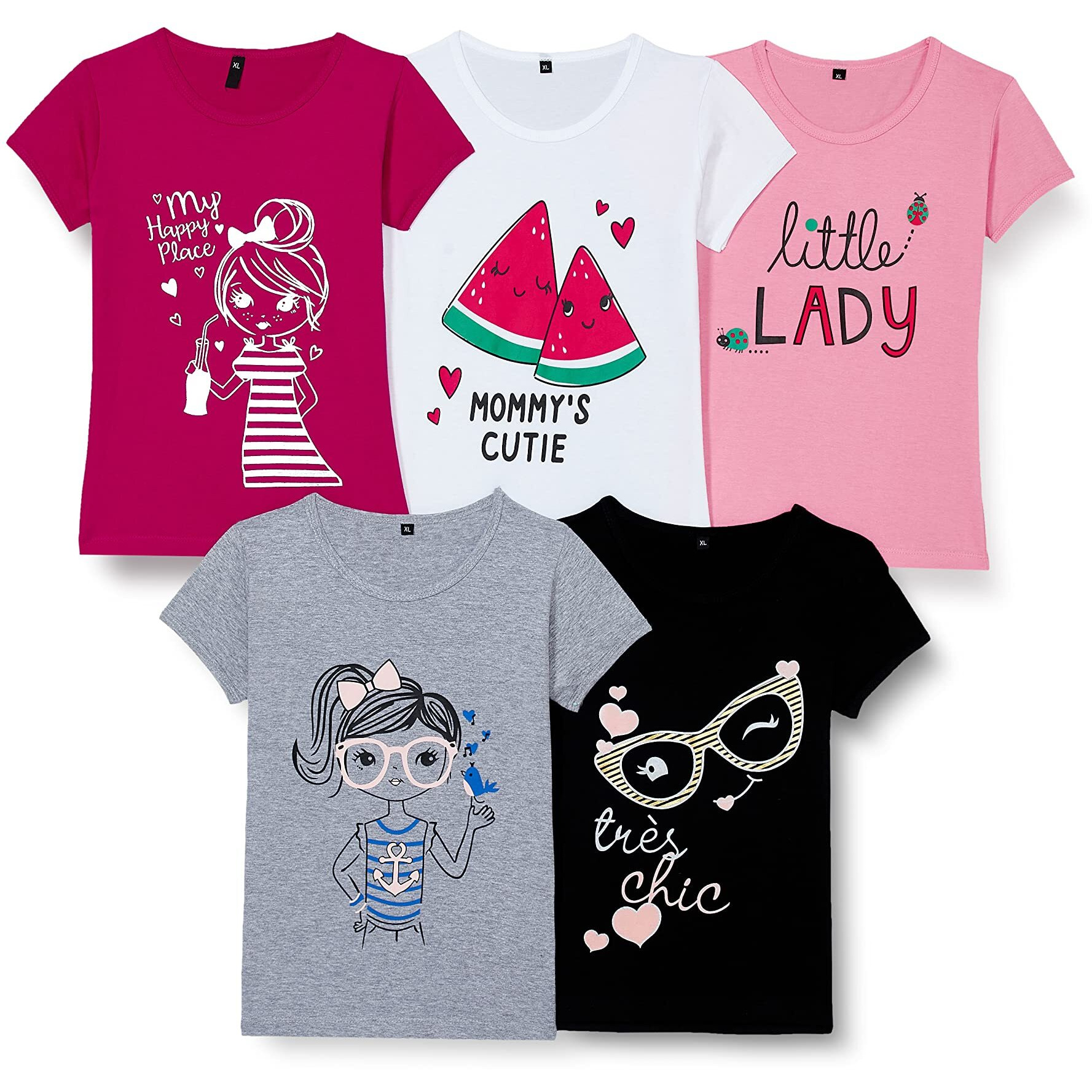 T2F Girls Solid Regular Fit T-Shirt Pack of 5(GLS-TSRT-01_Multi 1_5 Years-6 Years)