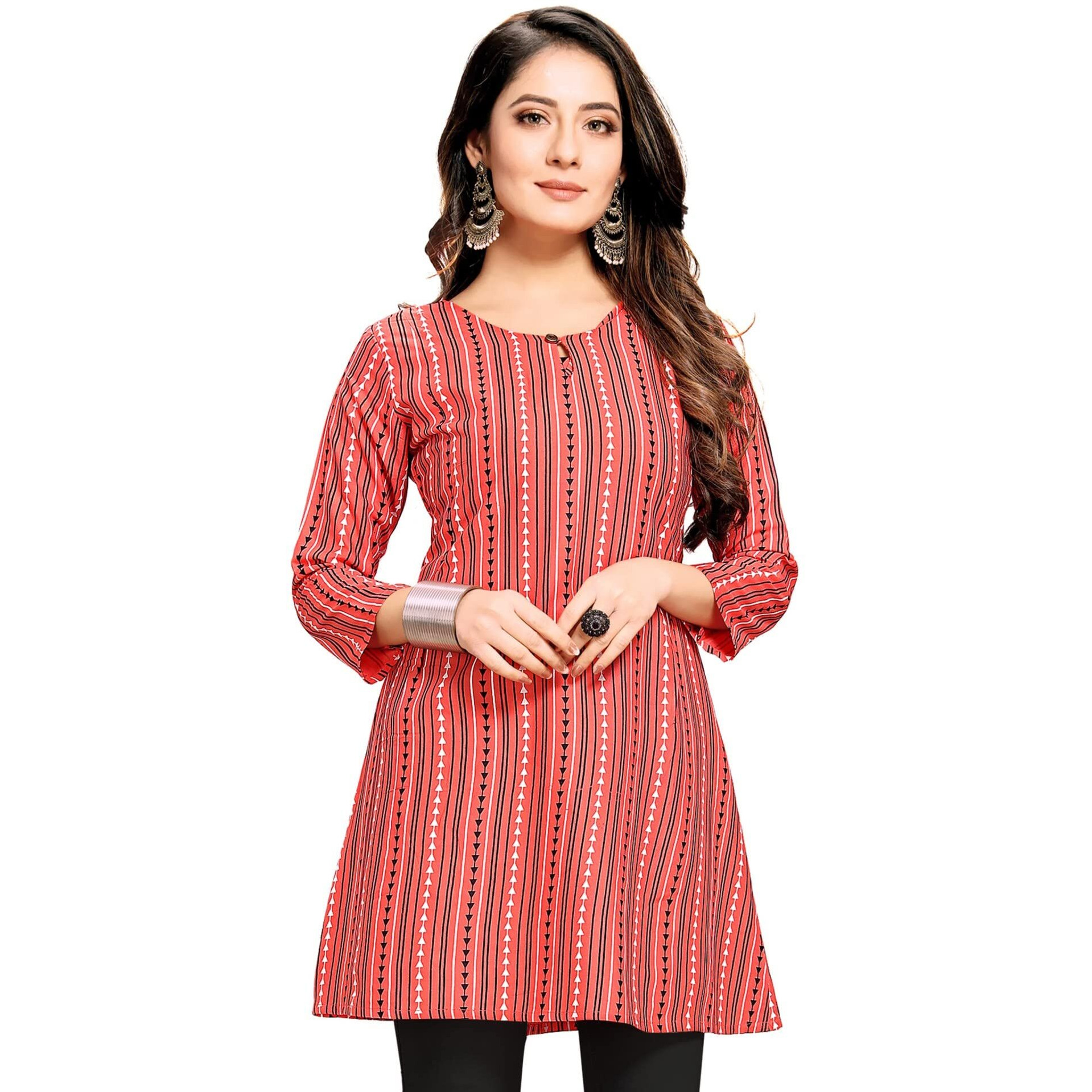 Shiv Textiles Rayon Fabric Printed Round Neck Short Kurtis for Women Top Dresses Kurti for Ladies & Girls Kurtis (GAJARI_L)