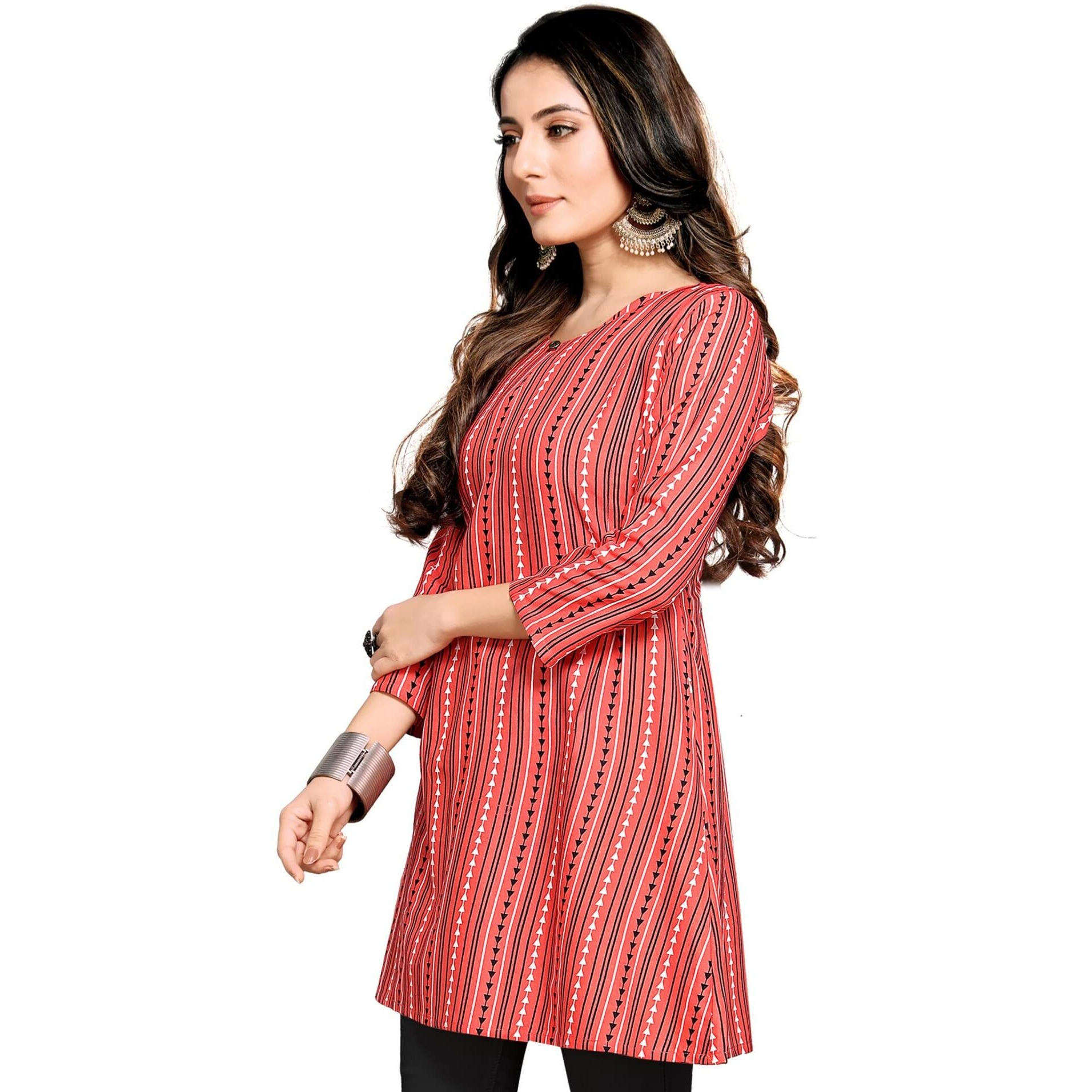 Shiv Textiles Rayon Fabric Printed Round Neck Short Kurtis for Women Top Dresses Kurti for Ladies & Girls Kurtis (GAJARI_L)