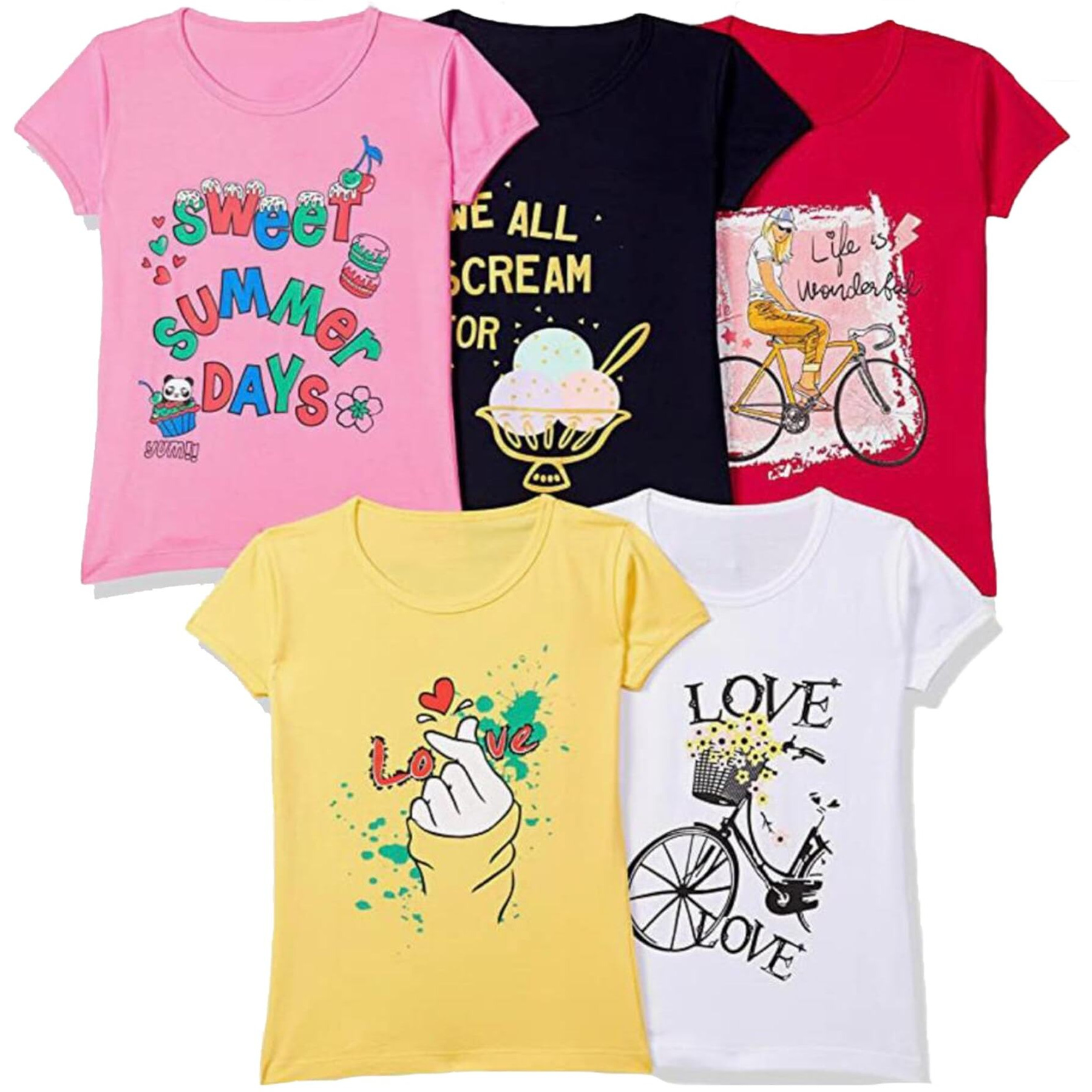 T2F Girls Solid Regular Fit T-Shirt Pack of 5(GLS-TSRT-01_Multicolor 3_5 Years-6 Years)