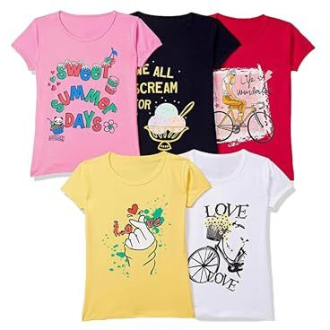 T2F Girls Solid Regular Fit T-Shirt Pack of 5(GLS-TSRT-01_Multicolor 3_11 Years-12 Years)