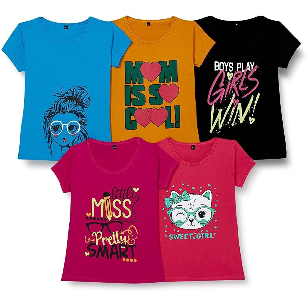 T2F Girl's Solid Regular Fit T-Shirt (GLS-TSRT-01_Multicolor 2 13-14 Years)