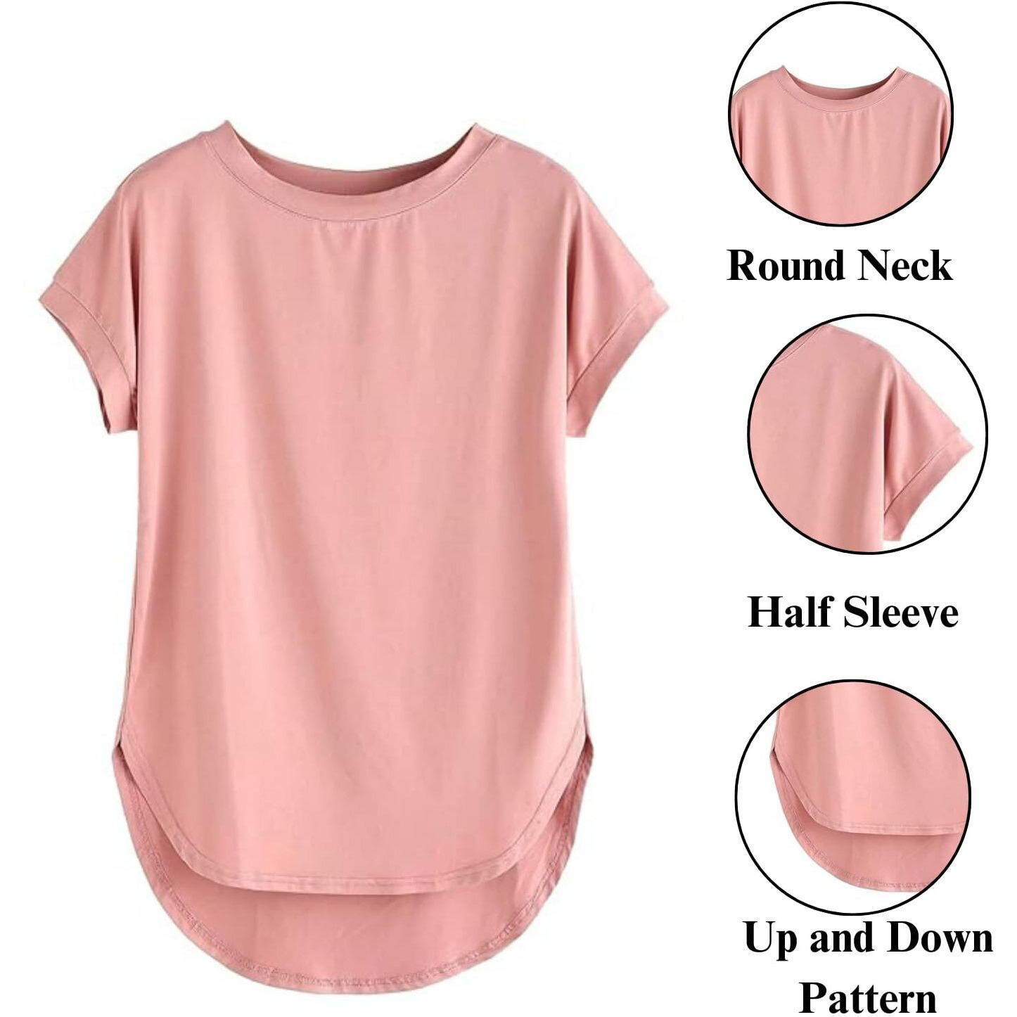 Fabricorn Women's Plain Round Neck Up Down Loose Fit Tshirt (Dusty Rose XXX-Large)