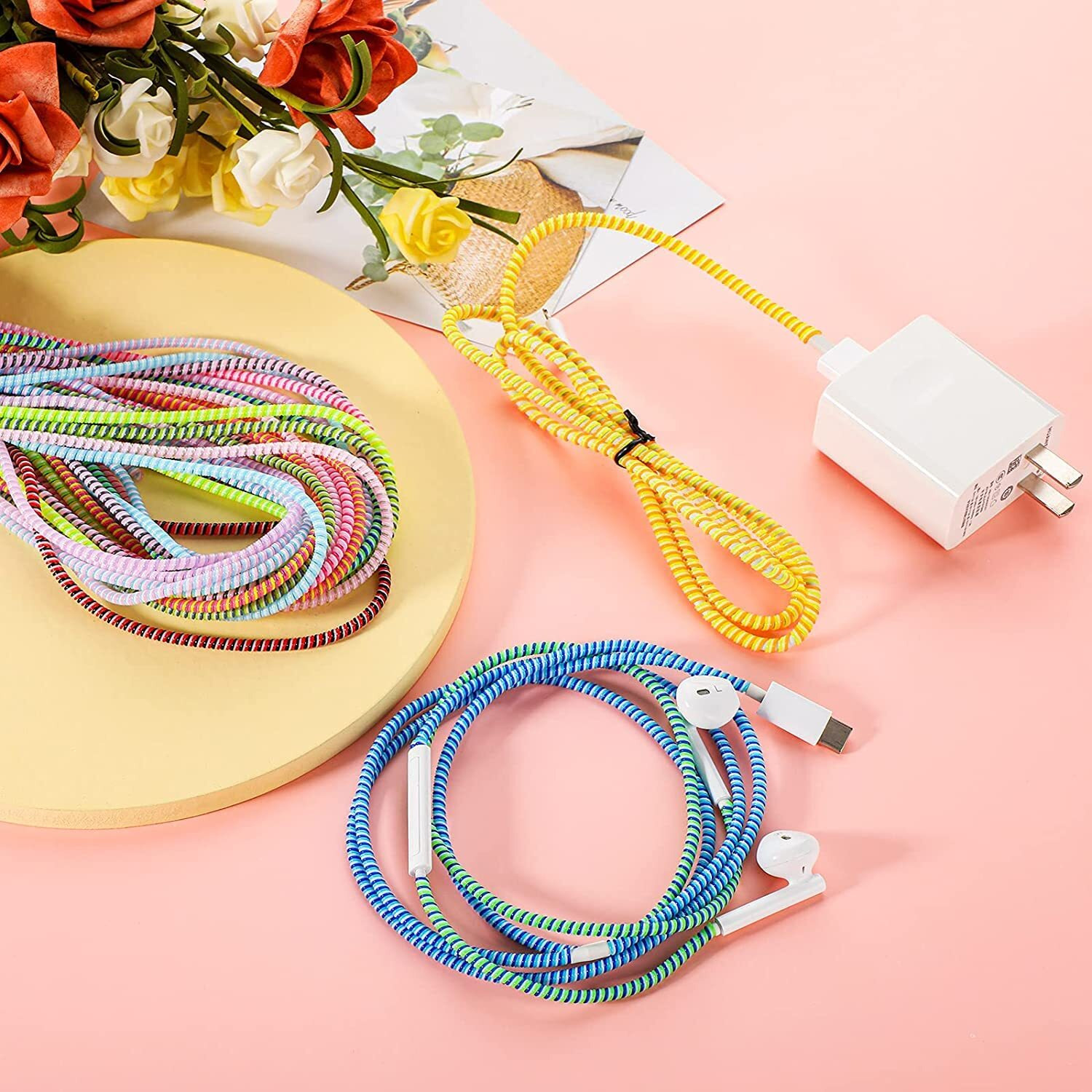 Florican Full Size 1.4 Meter (2 Pcs) Spiral Cable Protector Suitable for All iPhone/Android Mobile Charging Cables (Yellow)