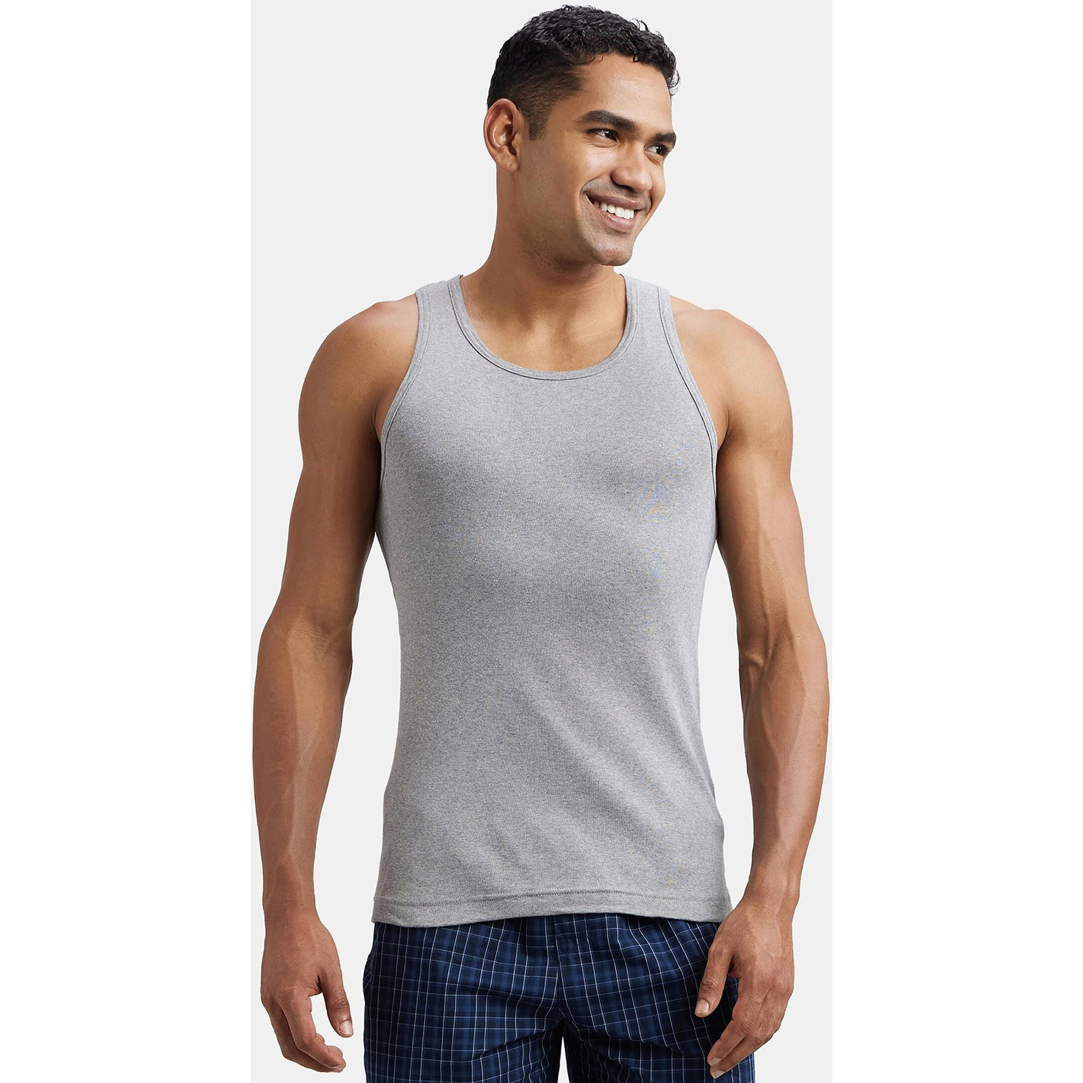 Jockey FP04 Men's Super Combed Cotton Rib Round Neck Sleeveless Vest with Extended Length for Easy Tuck_Grey Melange & Teal Green_XL