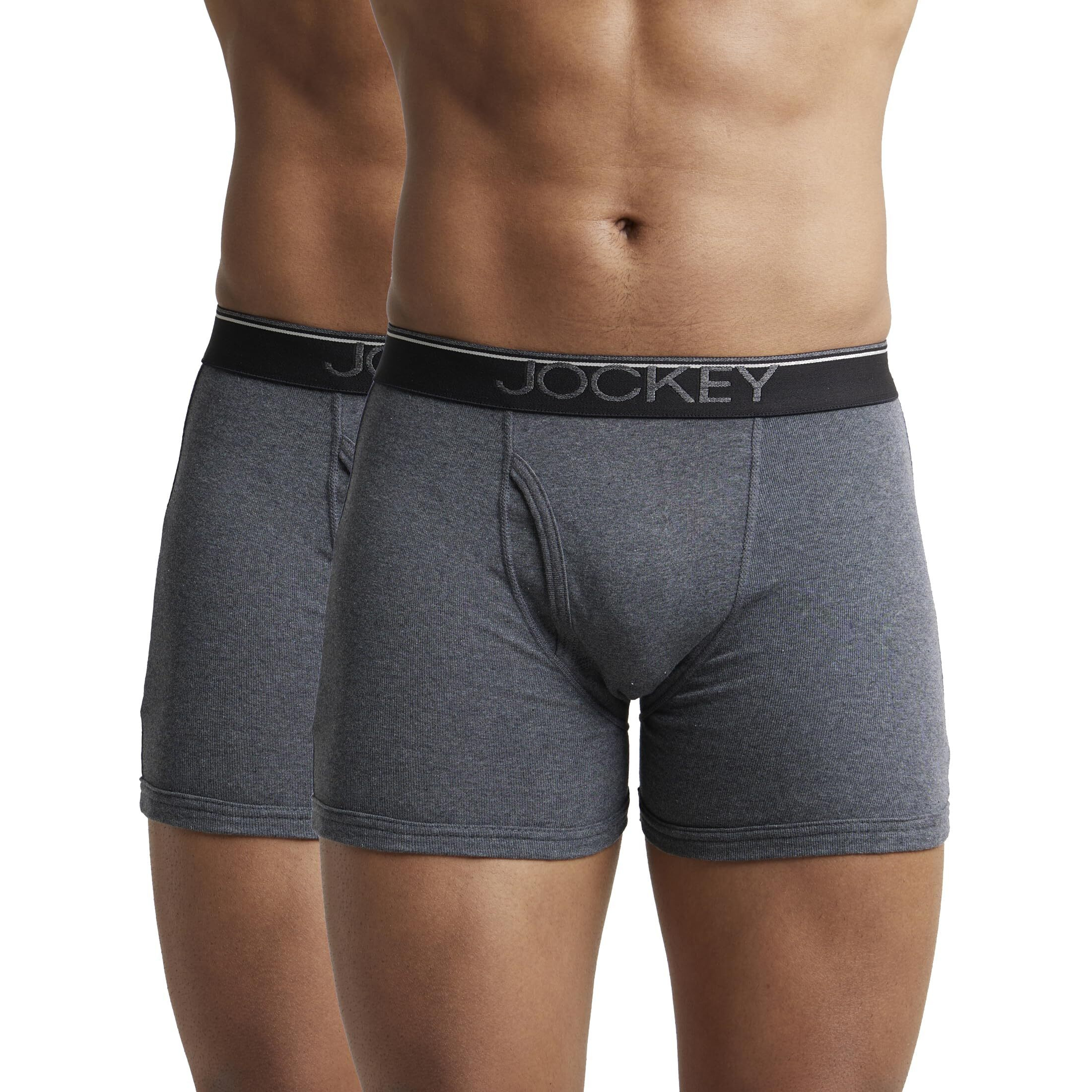 Jockey Men's Super Combed Cotton rib fabric Boxer Briefs with Front Fly, Ultrasoft and Durable waistband (Pack of 2) 8009_Charcoal Melange_S