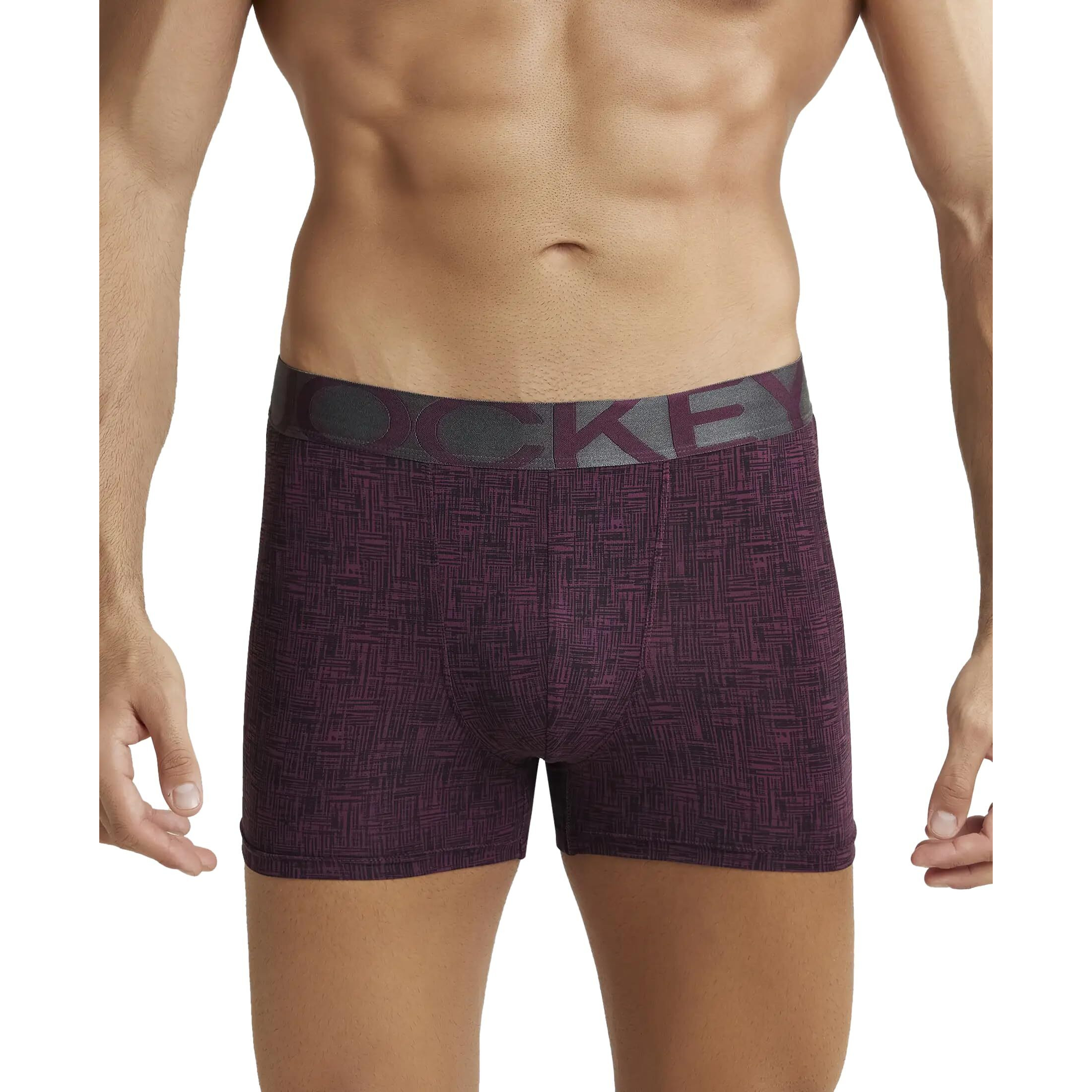Jockey IC30 Men's Tactel Microfiber Elastane Stretch Printed Trunk with Moisture Move Treatment_Potent Purple Printed M