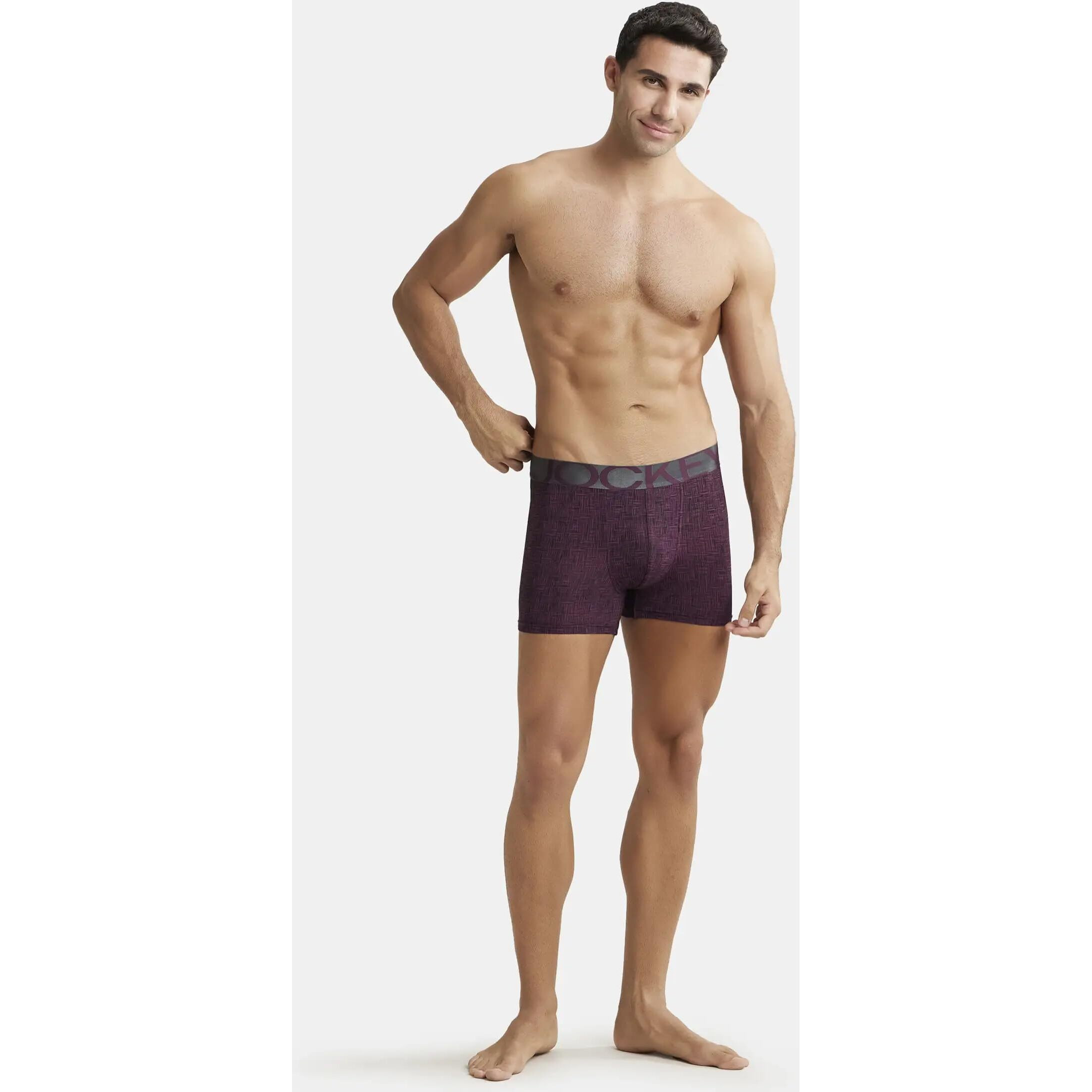 Jockey IC30 Men's Tactel Microfiber Elastane Stretch Printed Trunk with Moisture Move Treatment_Potent Purple Printed M