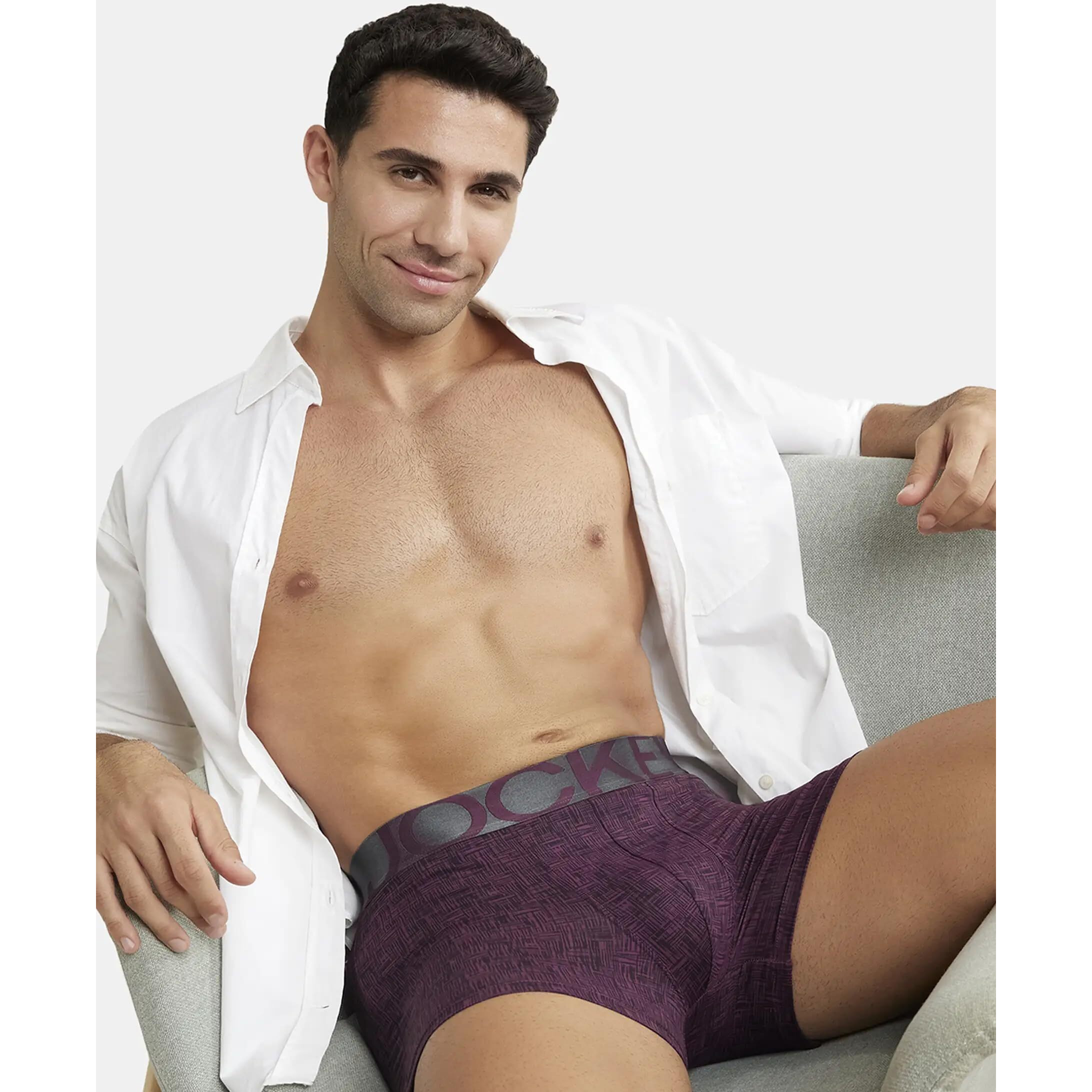 Jockey IC30 Men's Tactel Microfiber Elastane Stretch Printed Trunk with Moisture Move Treatment_Potent Purple Printed M