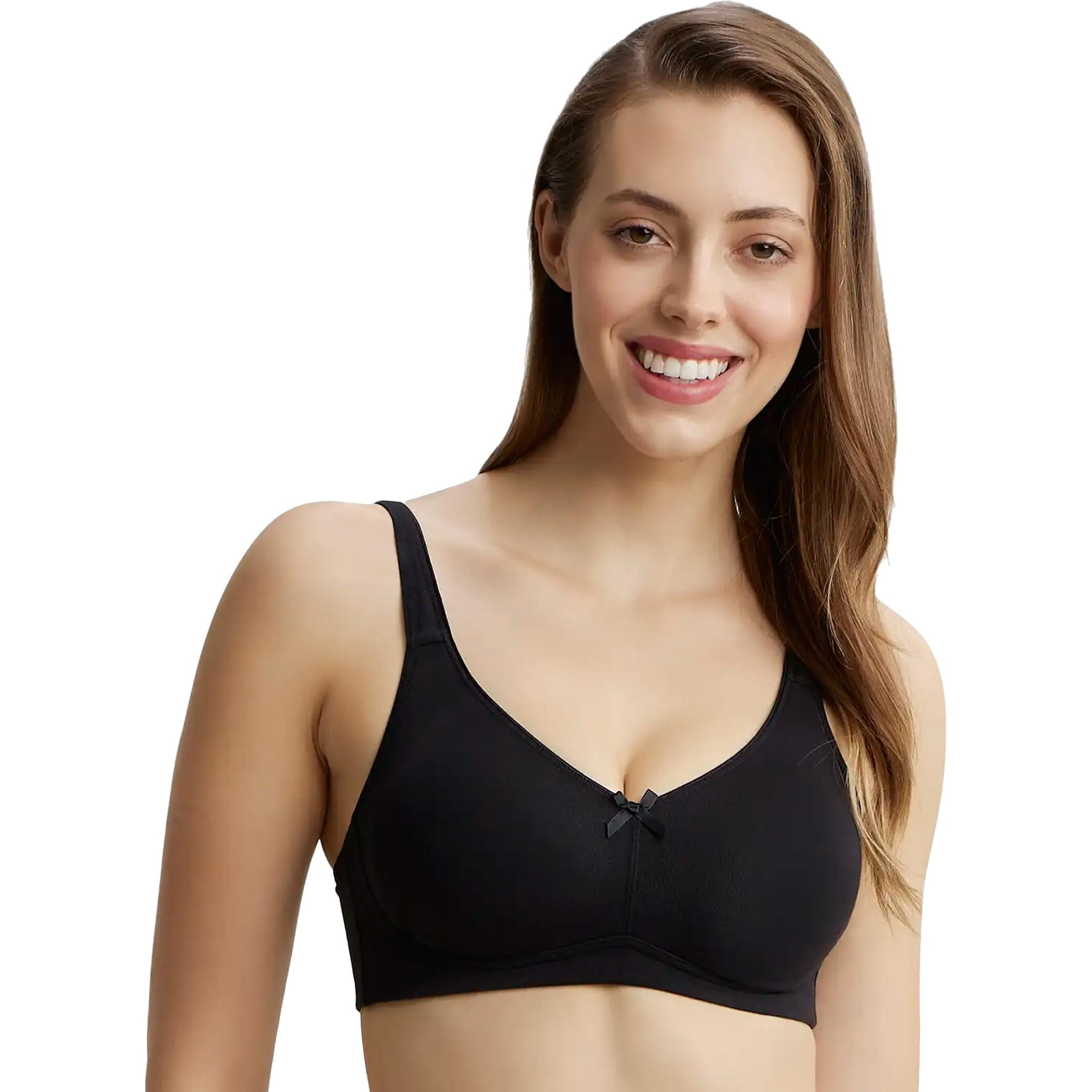 Jockey FE41 Women's Wirefree Non Padded Super Combed Cotton Elastane Stretch Full Coverage Everyday Bra with Concealed Shaper Panel and Broad Fabric Straps_Black_34D