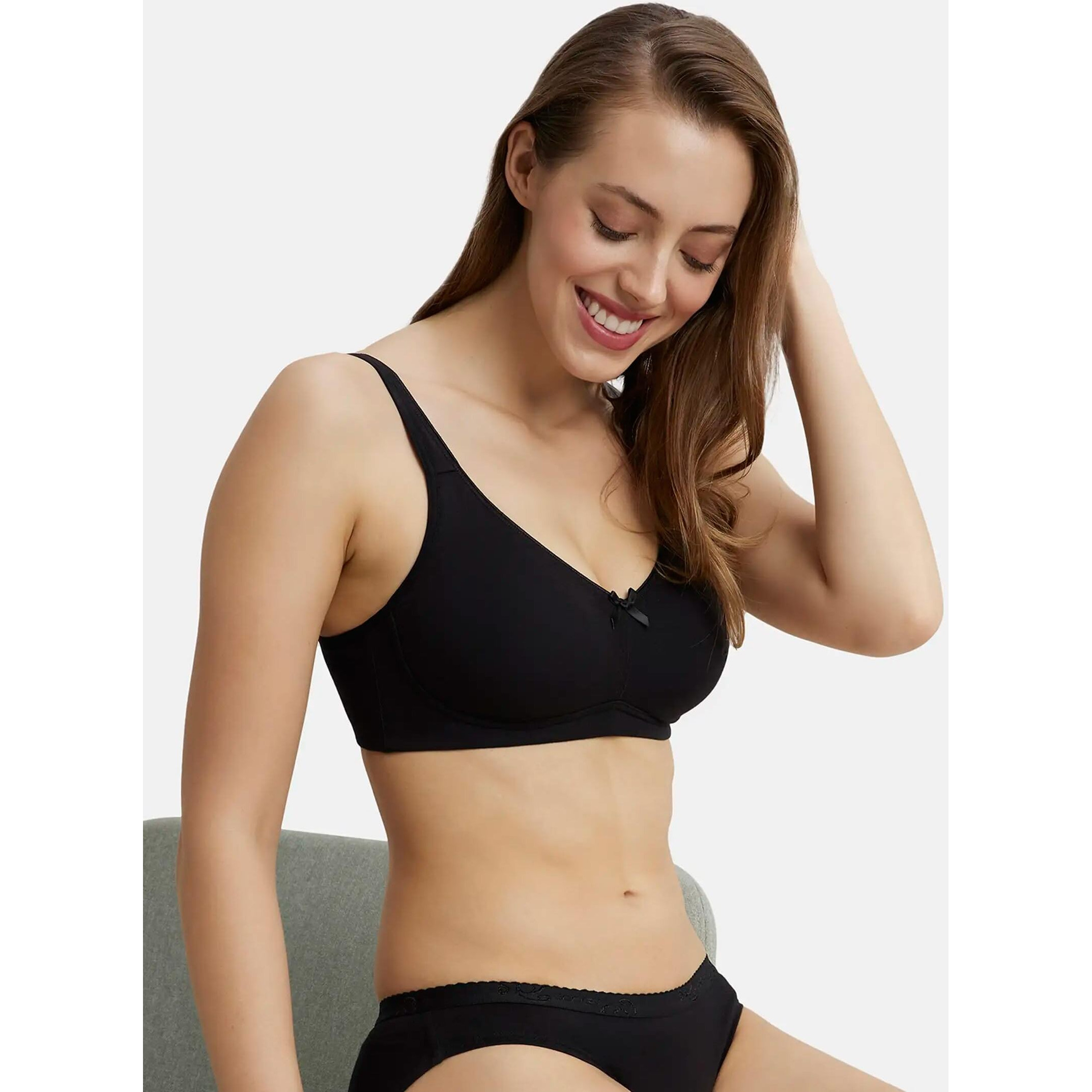 Jockey FE41 Women's Wirefree Non Padded Super Combed Cotton Elastane Stretch Full Coverage Everyday Bra with Concealed Shaper Panel and Broad Fabric Straps_Black_34D