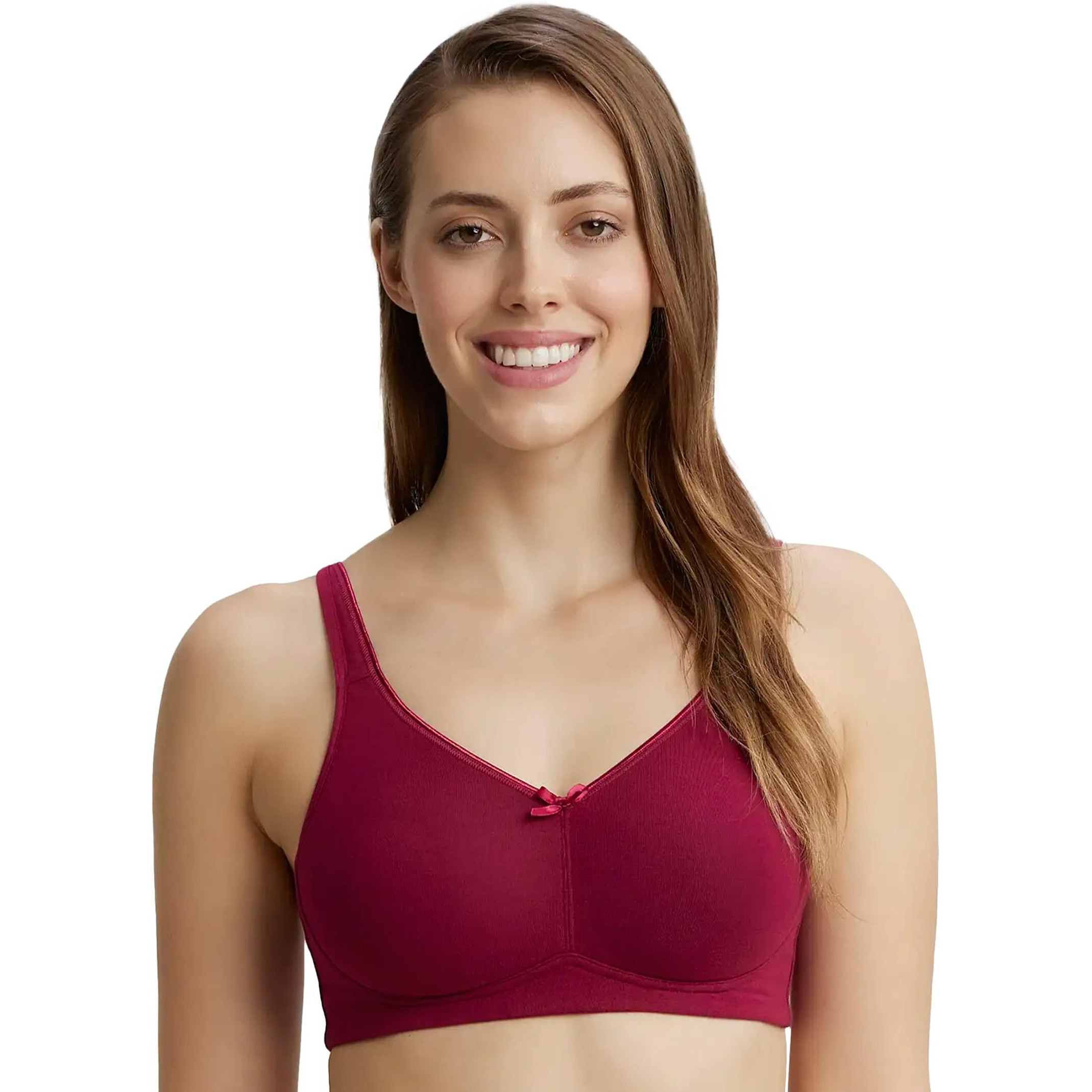 Jockey FE41 Women's Wirefree Non Padded Super Combed Cotton Elastane Stretch Full Coverage Everyday Bra with Concealed Shaper Panel and Broad Fabric Straps_Beet Red_36C