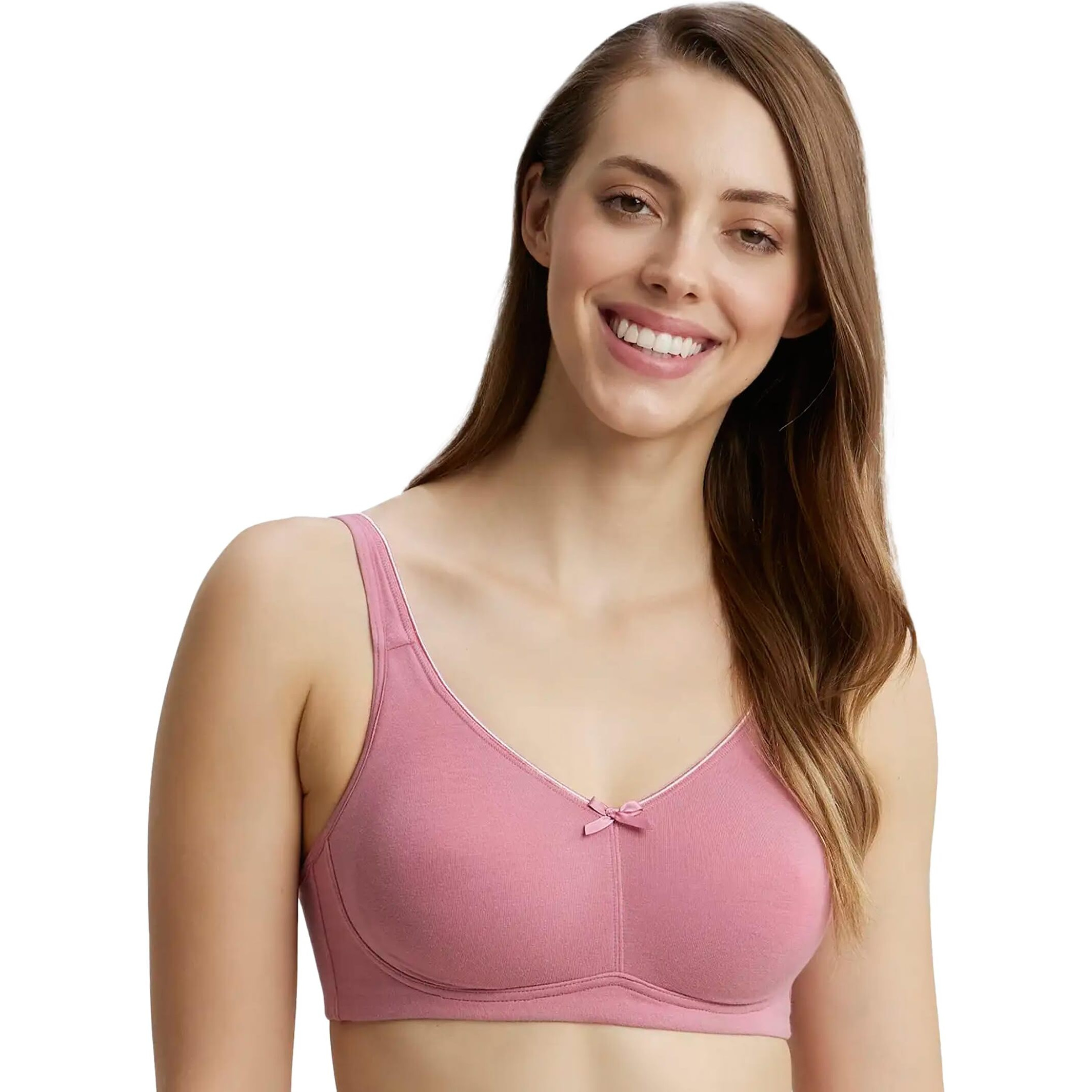 Jockey FE41 Women's Wirefree Non Padded Super Combed Cotton Elastane Stretch Full Coverage Everyday Bra with Concealed Shaper Panel and Broad Fabric Straps_Heather Rose_34B