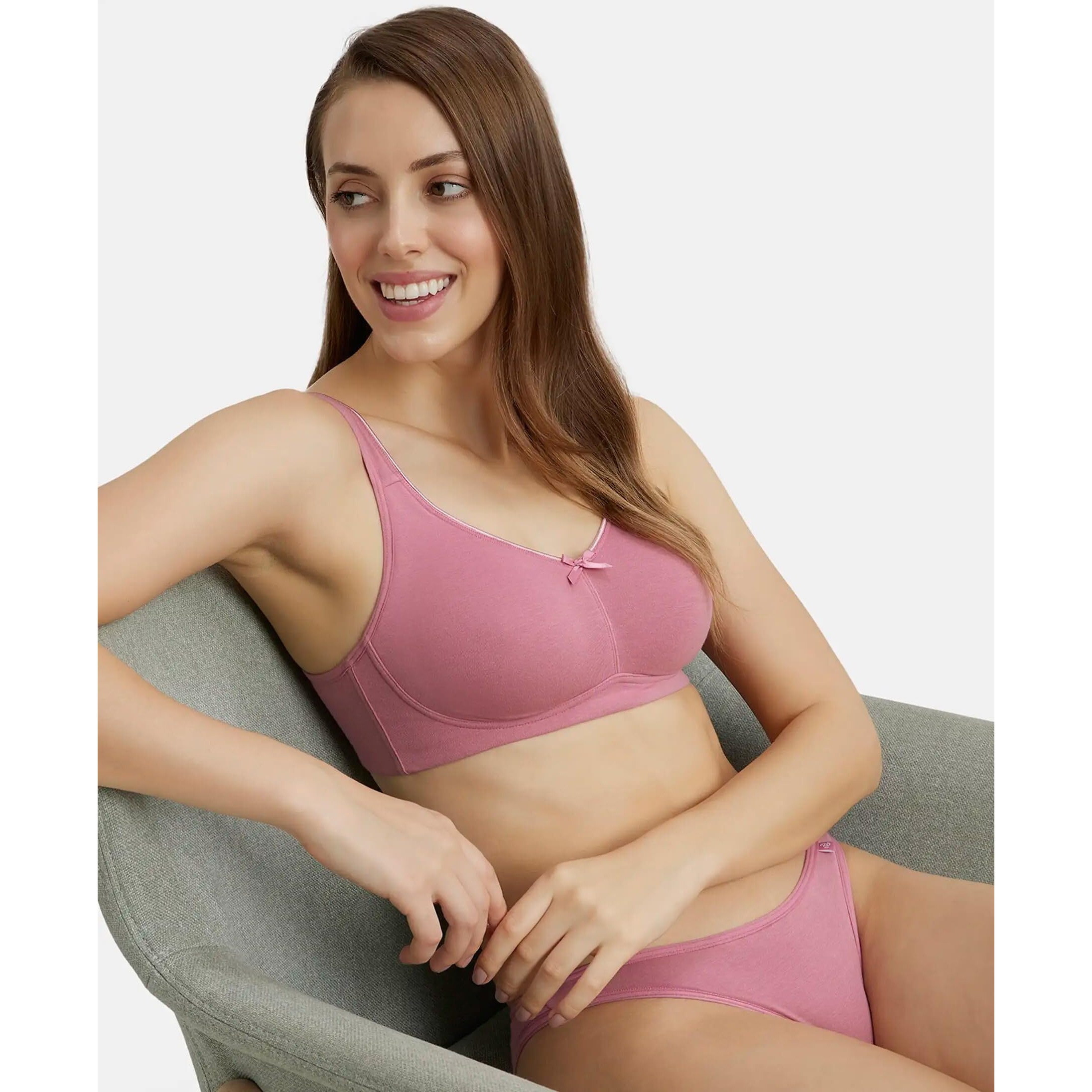 Jockey FE41 Women's Wirefree Non Padded Super Combed Cotton Elastane Stretch Full Coverage Everyday Bra with Concealed Shaper Panel and Broad Fabric Straps_Heather Rose_38B
