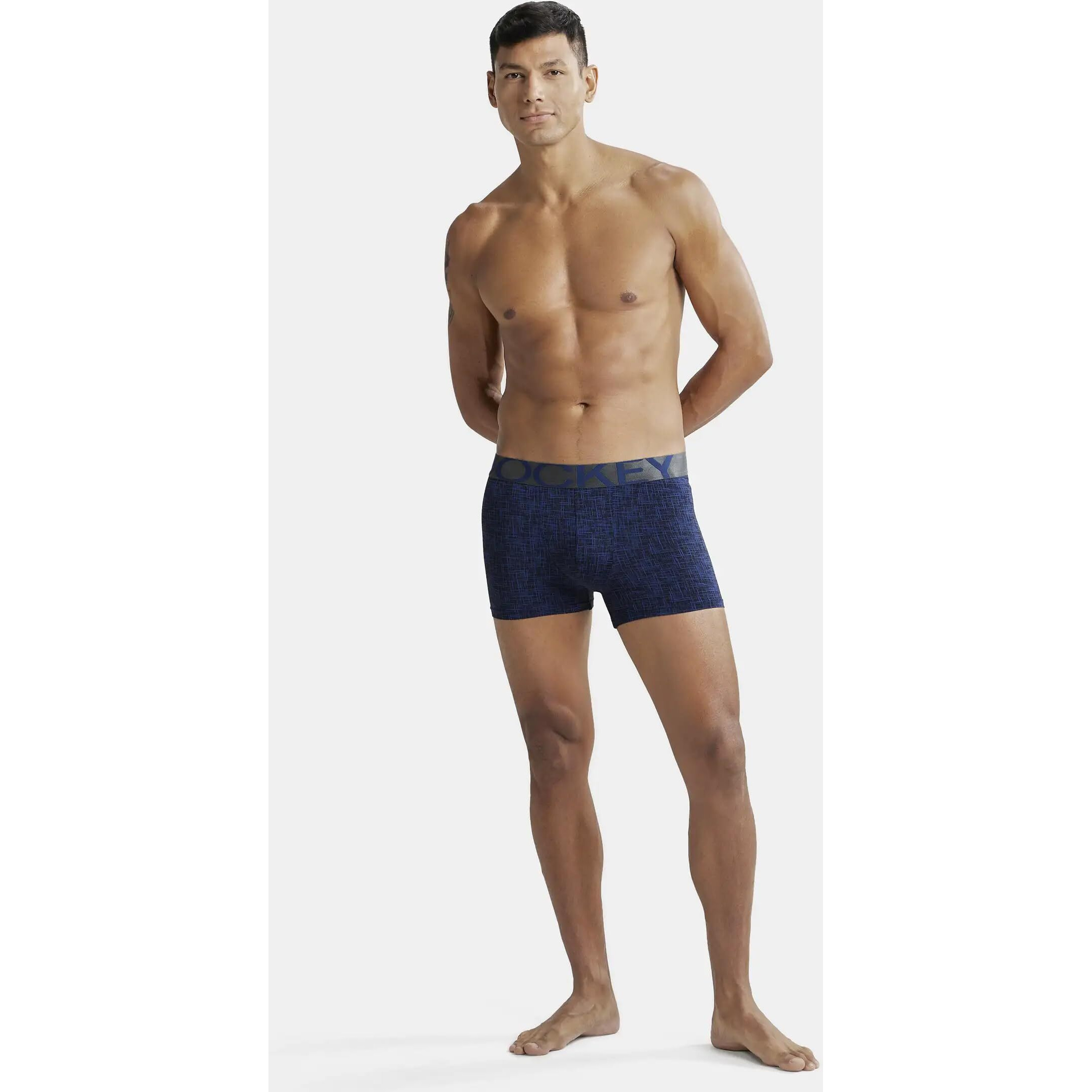 Jockey IC30 Men's Tactel Microfiber Elastane Stretch Printed Trunk with Moisture Move Treatment_Rich Royal Blue Printed S