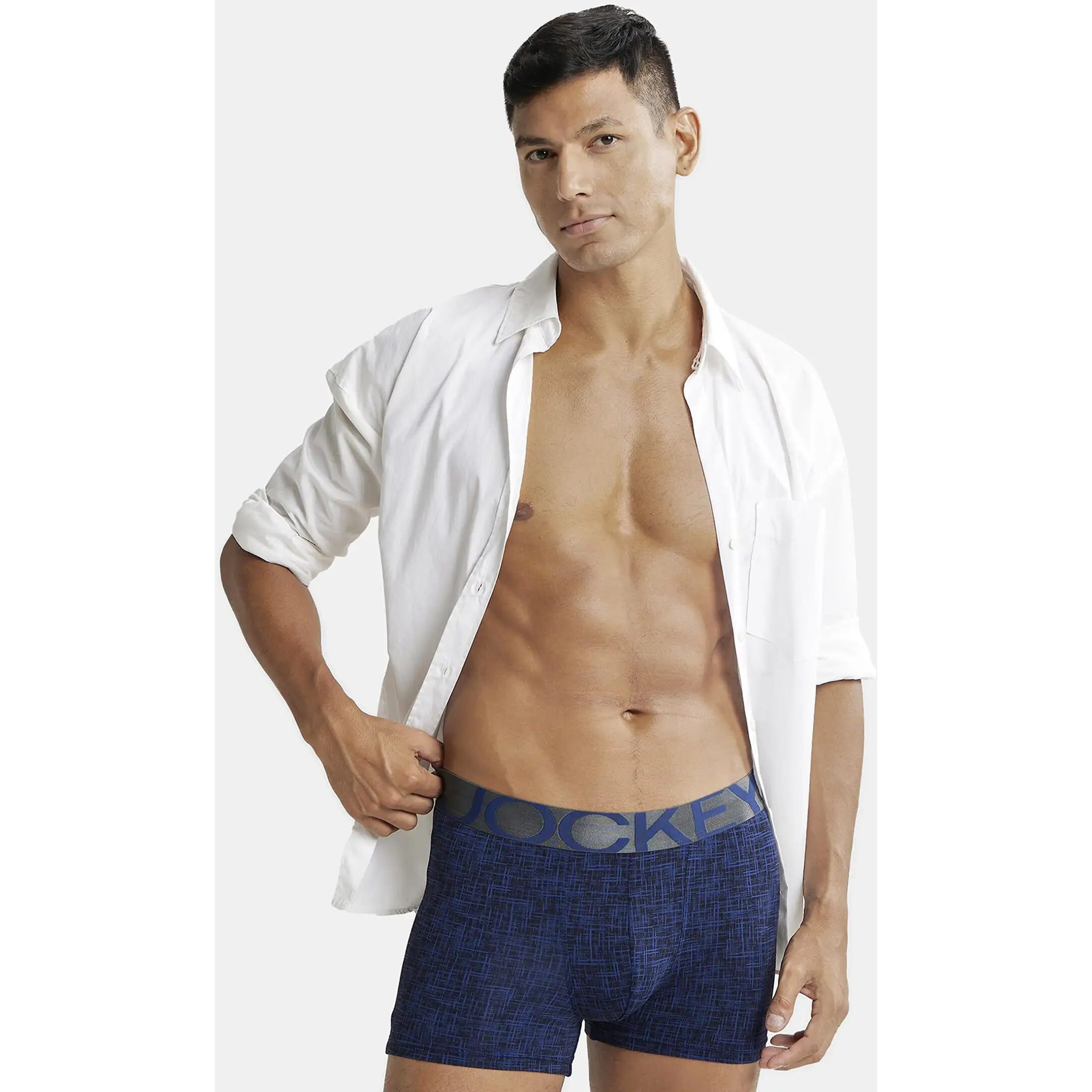 Jockey IC30 Men's Tactel Microfiber Elastane Stretch Printed Trunk with Moisture Move Treatment_Rich Royal Blue Printed S