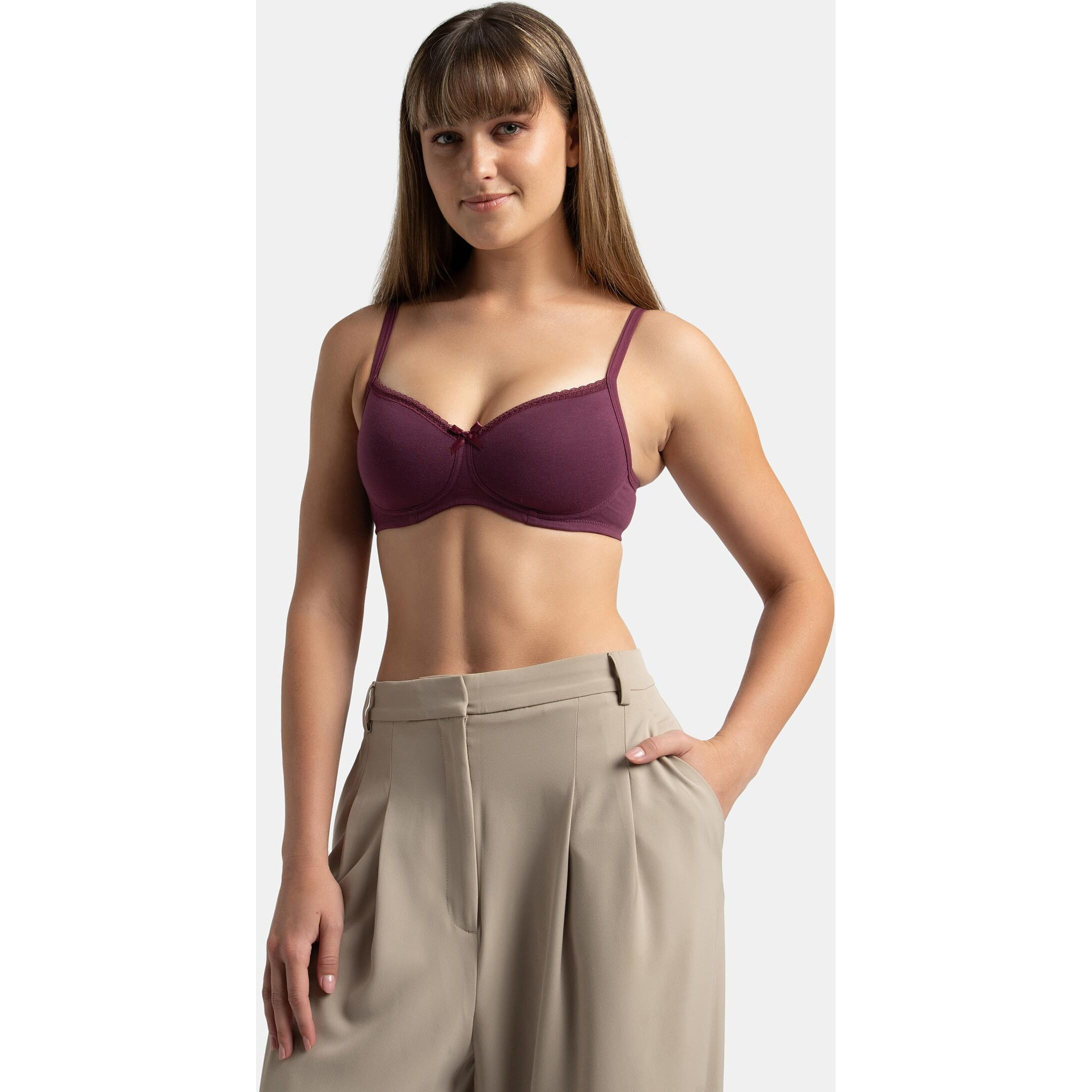Jockey 1723 Women's Wirefree Padded Super Combed Cotton Elastane Stretch Medium Coverage Lace Styling T-Shirt Bra with Adjustable Straps_Prune_32B