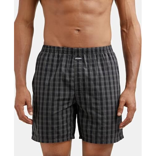 Jockey 1223 Men's Super Combed Mercerized Cotton Woven Checkered Boxer Shorts with Side Pocket (Pack of 2)_Navy & Black_S