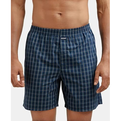 Jockey 1223 Men's Super Combed Mercerized Cotton Woven Checkered Boxer Shorts with Side Pocket (Pack of 2)_Navy_L