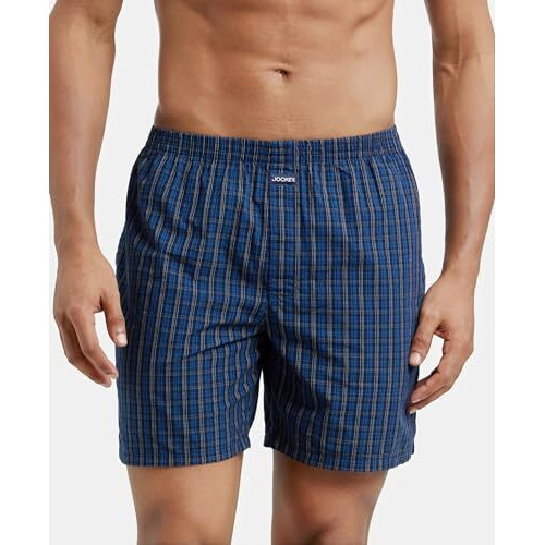 Jockey 1223 Men's Super Combed Mercerized Cotton Woven Checkered Boxer Shorts with Side Pocket (Pack of 2)_Navy_M