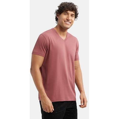 Jockey 2726 Men's Super Combed Cotton Rich Solid V Neck Half Sleeve Regular Fit T-Shirt_Wild Ginger_L, Orange