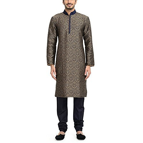 Manyavar Men's Blended Kurta & Churidar Set, Blue-Beige - Small (S952509-306)